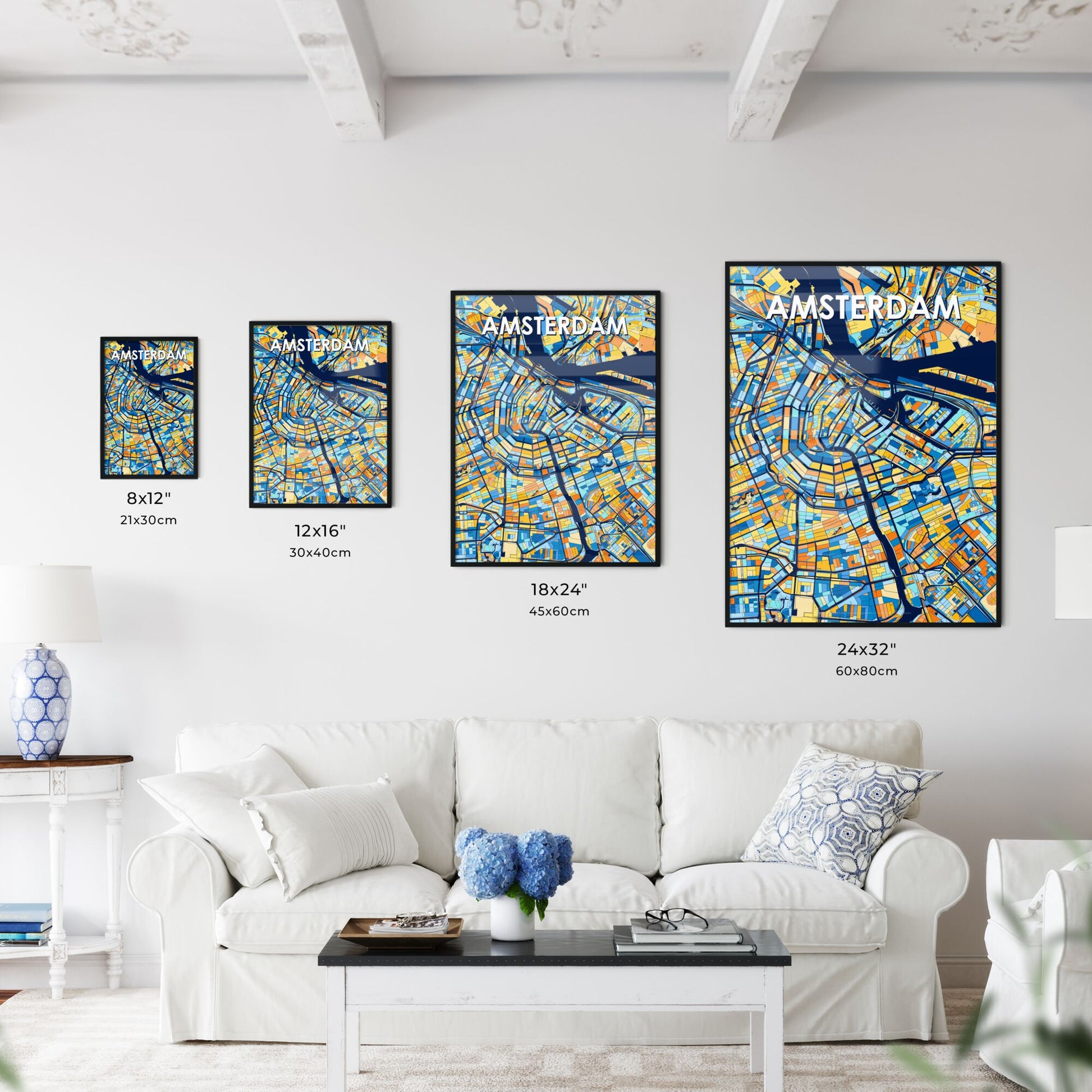 AMSTERDAM NETHERLANDS Vibrant Colorful Art Map Poster Blue Orange