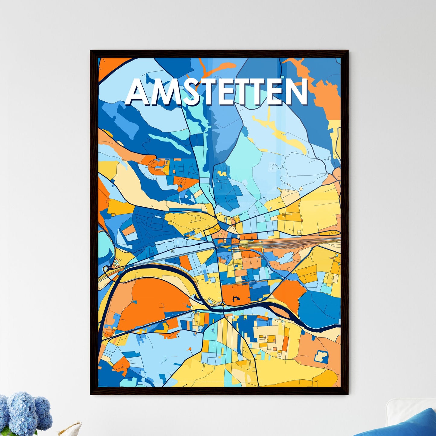 AMSTETTEN AUSTRIA Vibrant Colorful Art Map Poster Blue Orange