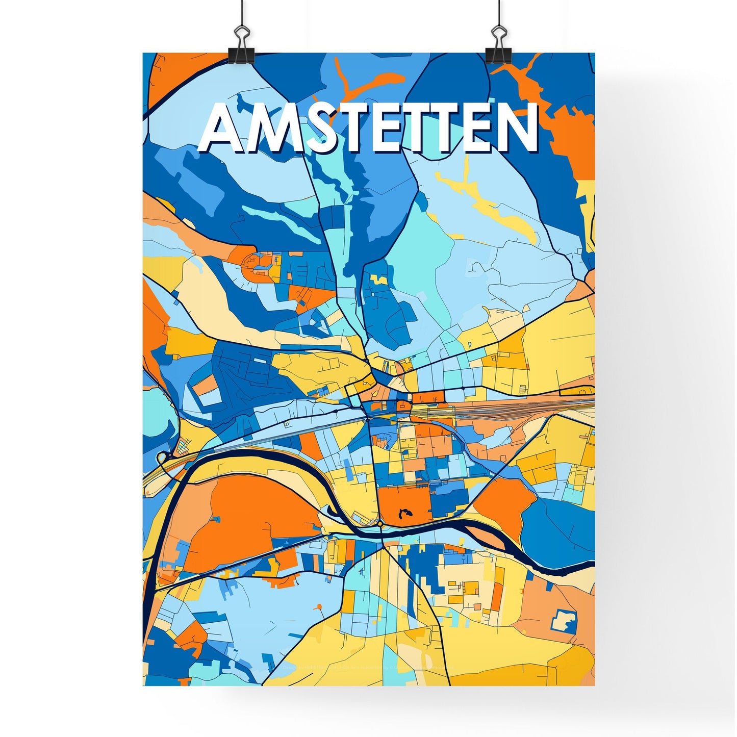 AMSTETTEN AUSTRIA Vibrant Colorful Art Map Poster Blue Orange