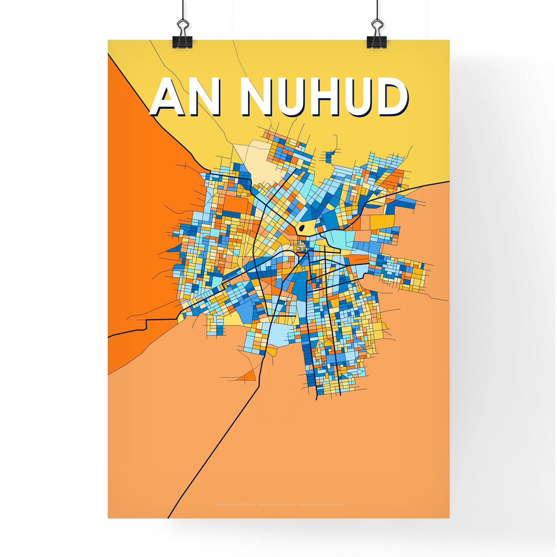 AN NUHUD SUDAN Vibrant Colorful Art Map Poster Blue Orange