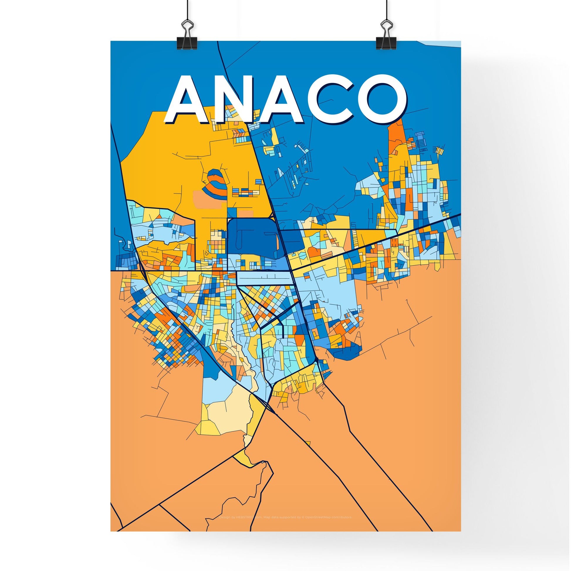 ANACO VENEZUELA Vibrant Colorful Art Map Poster Blue Orange