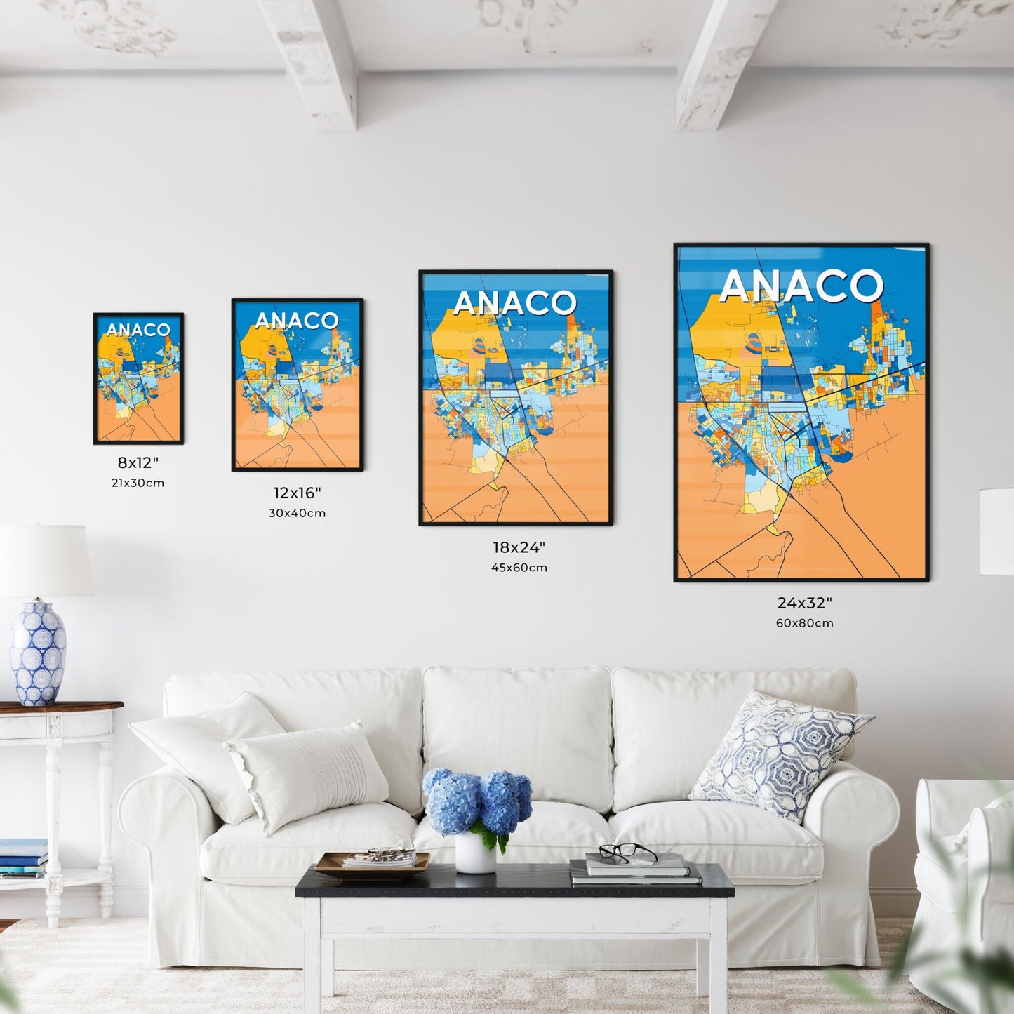 ANACO VENEZUELA Vibrant Colorful Art Map Poster Blue Orange