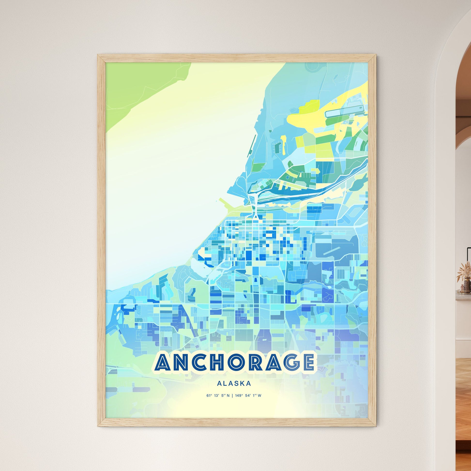 Colorful Anchorage Alaska Fine Art Map Cool Blue