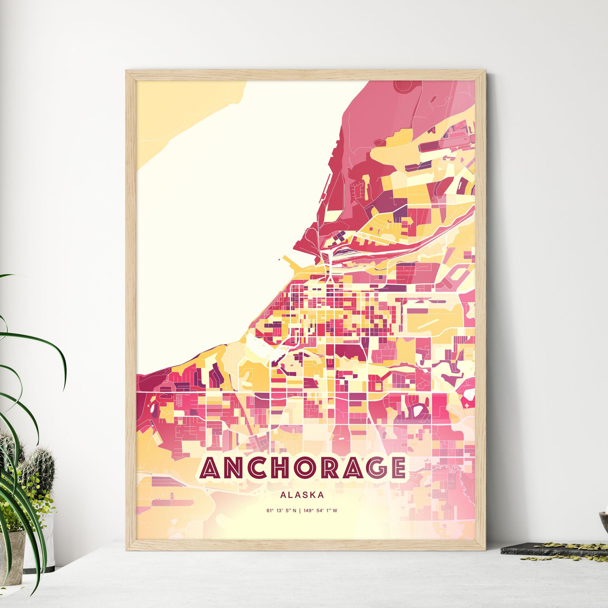 Colorful Anchorage Alaska Fine Art Map Hot Red