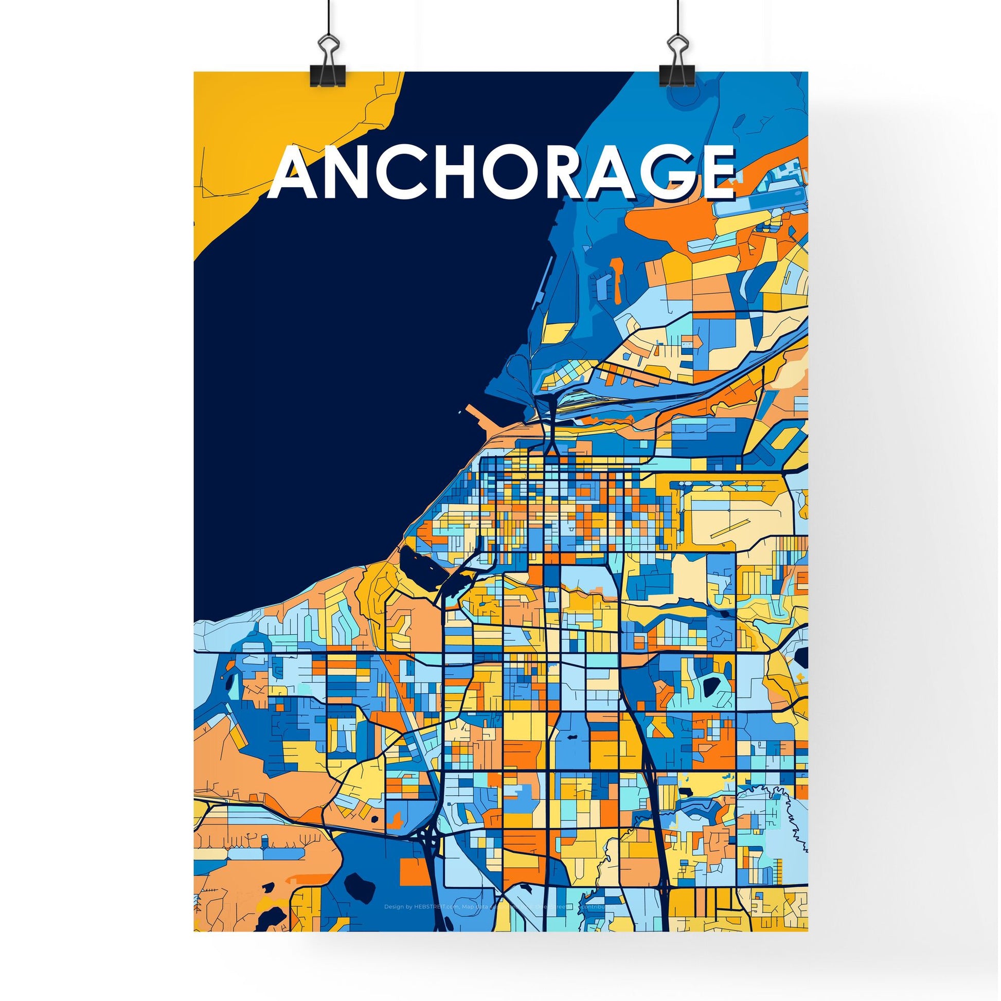 ANCHORAGE ALASKA Vibrant Colorful Art Map Poster Blue Orange