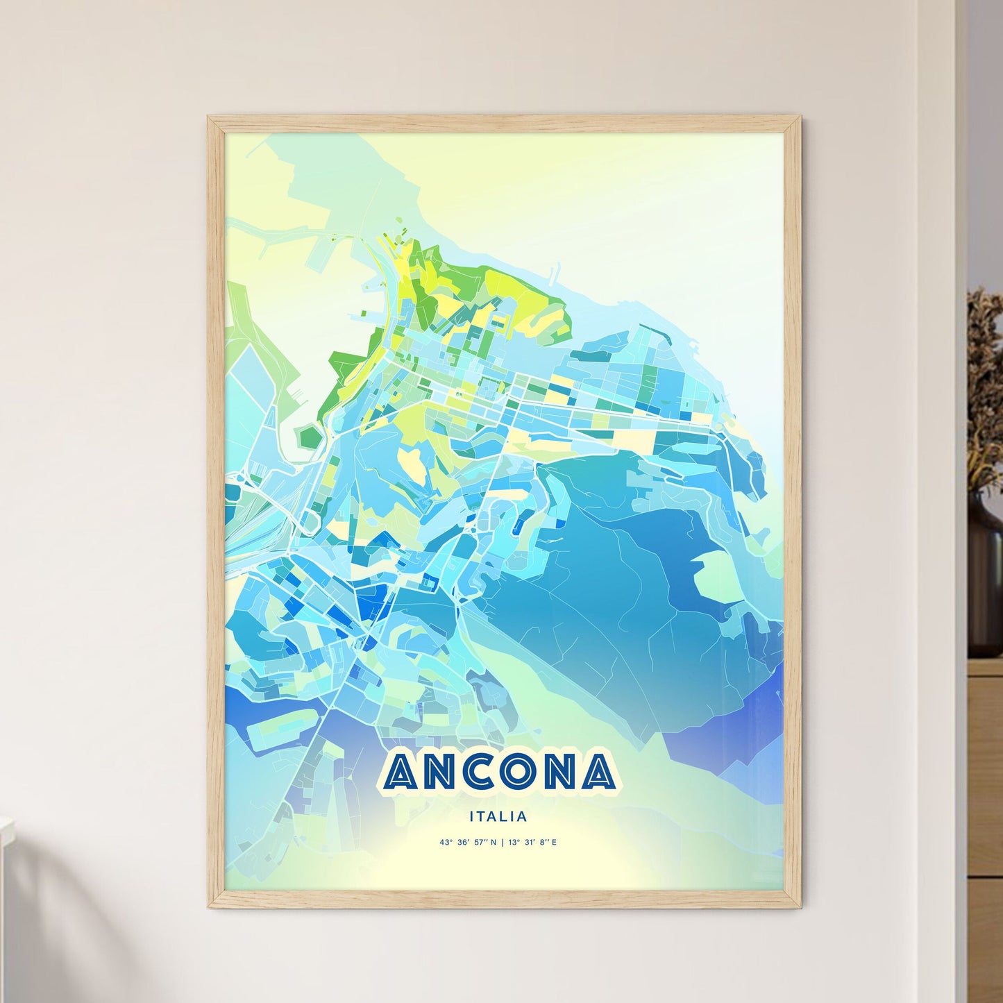 Colorful Ancona Italy Fine Art Map Cool Blue