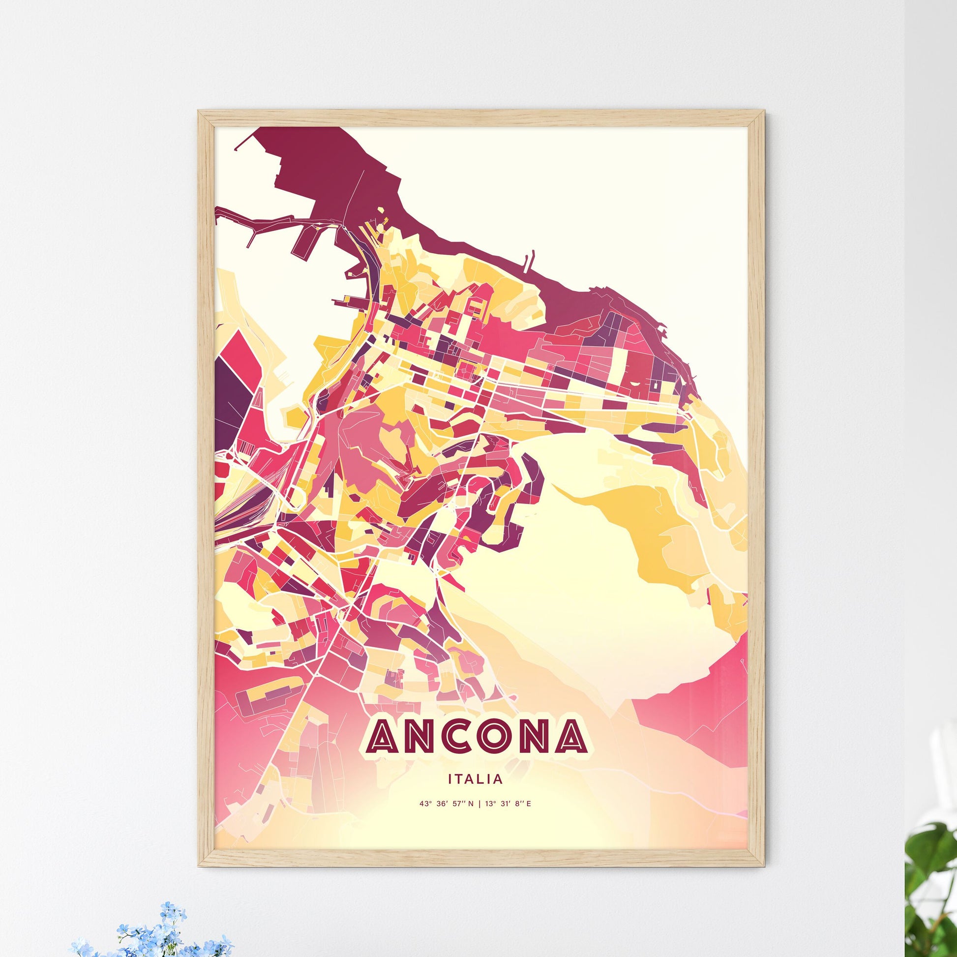 Colorful Ancona Italy Fine Art Map Hot Red