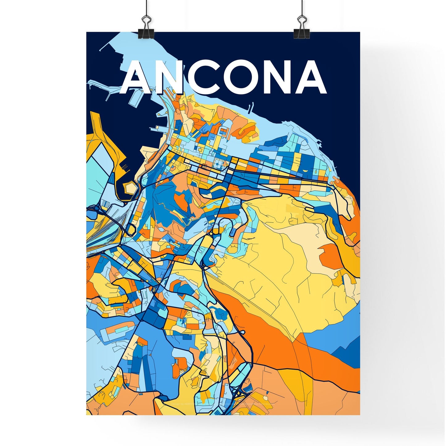 ANCONA ITALY Vibrant Colorful Art Map Poster Blue Orange