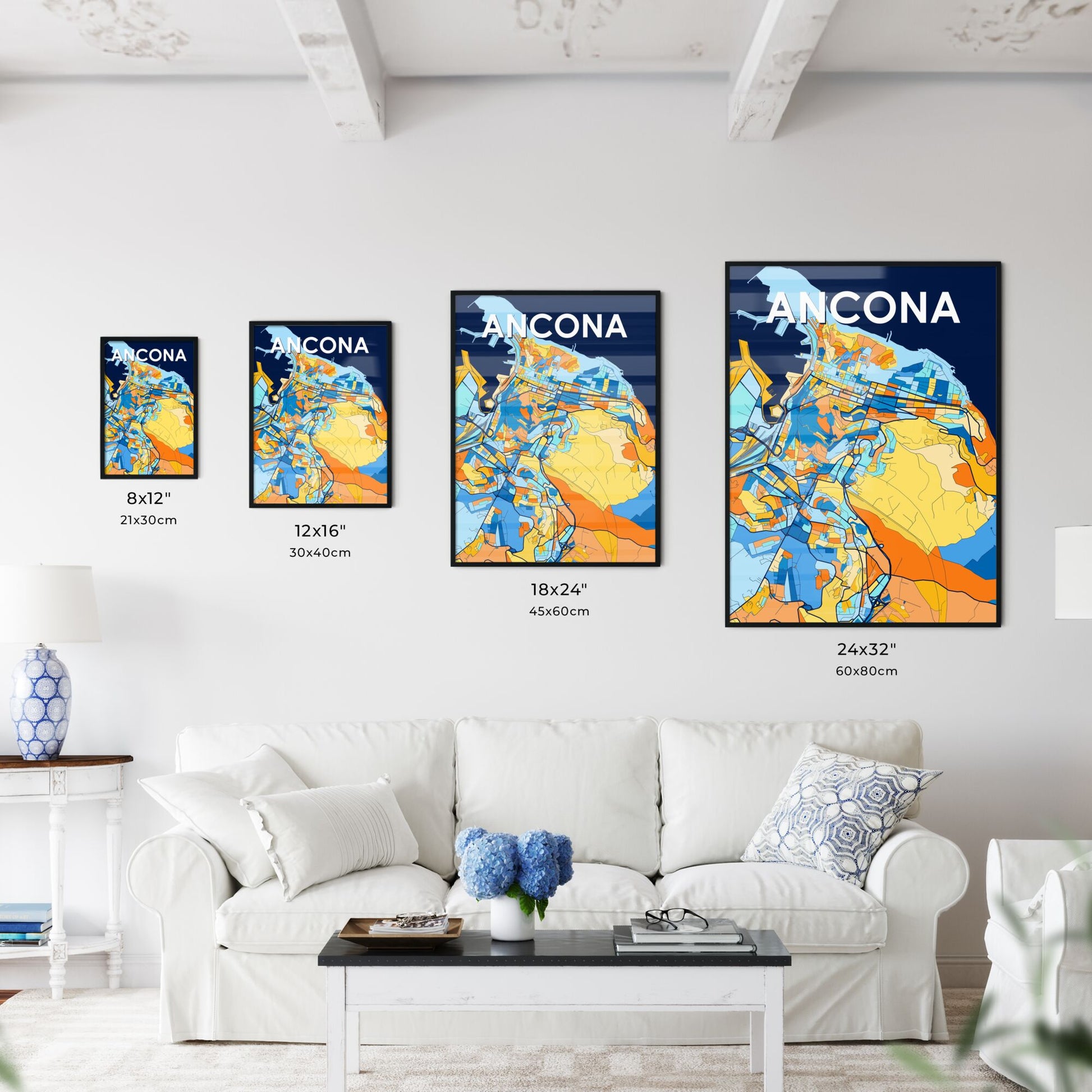 ANCONA ITALY Vibrant Colorful Art Map Poster Blue Orange