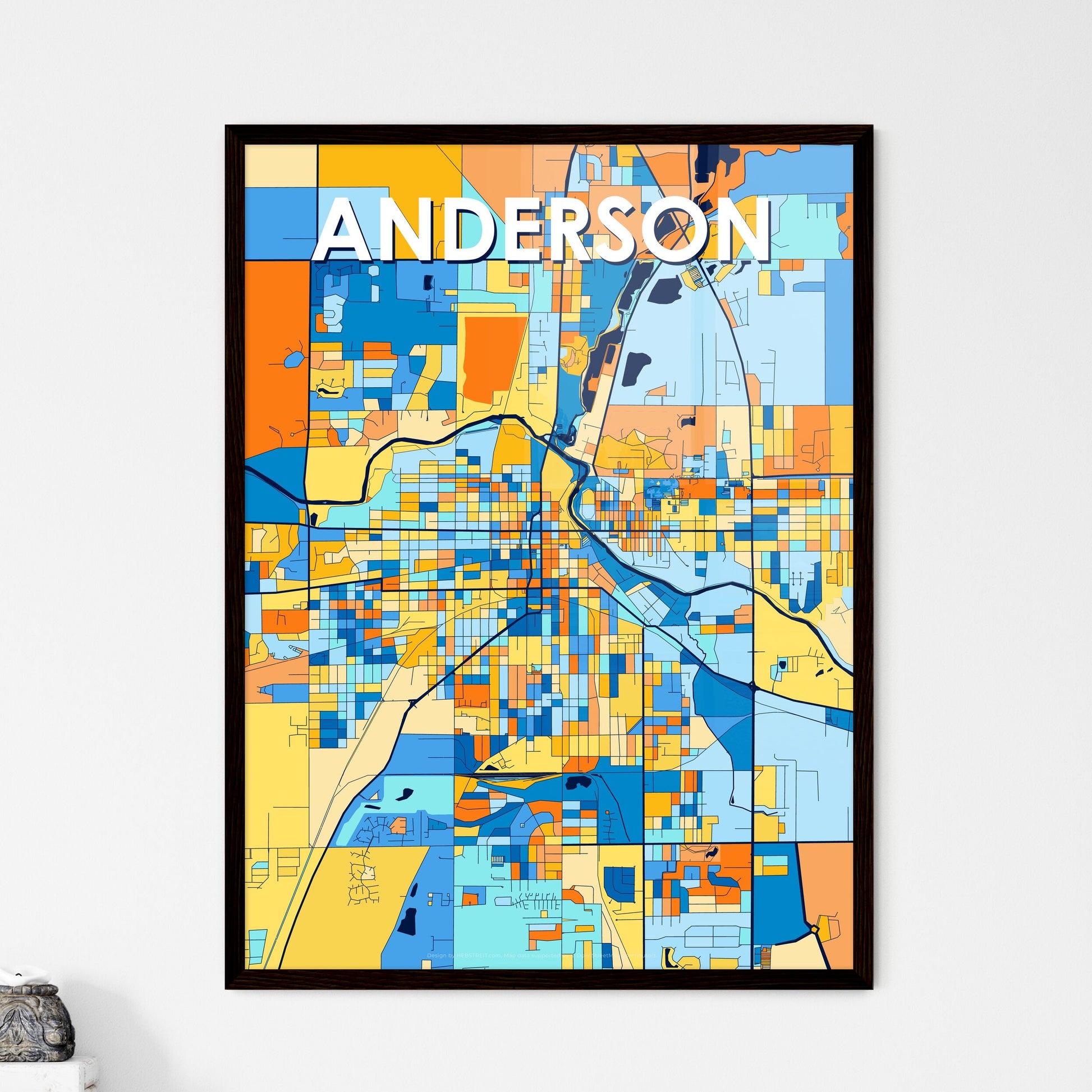 ANDERSON INDIANA Vibrant Colorful Art Map Poster Blue Orange