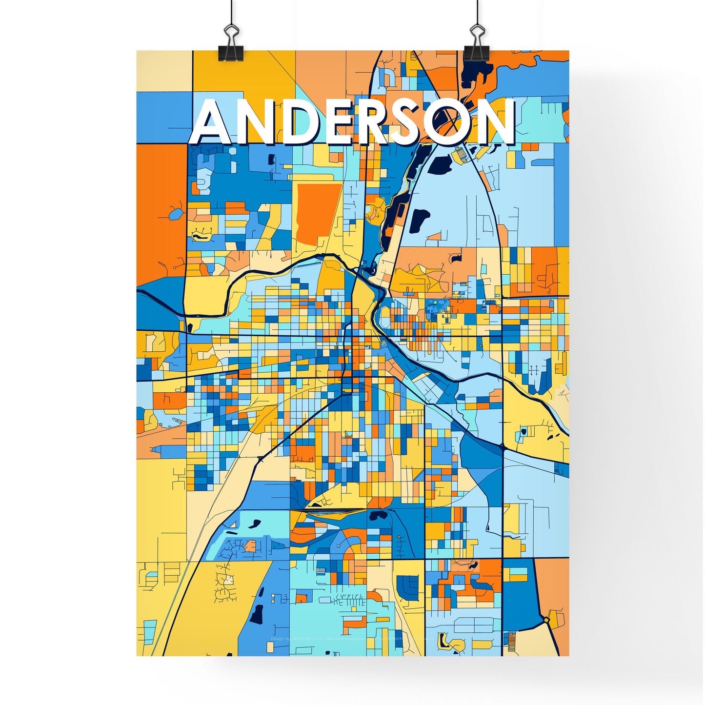 ANDERSON INDIANA Vibrant Colorful Art Map Poster Blue Orange