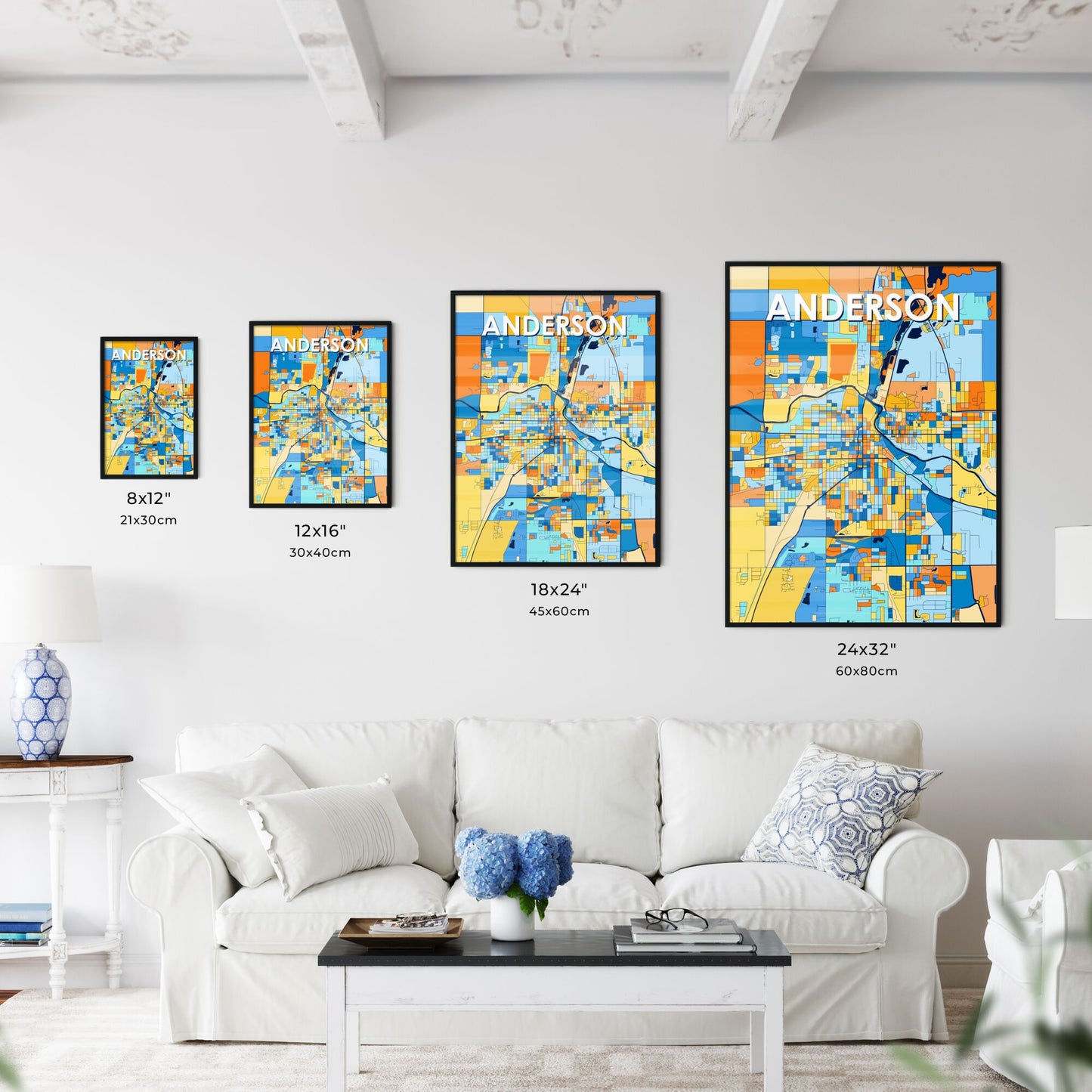 ANDERSON INDIANA Vibrant Colorful Art Map Poster Blue Orange