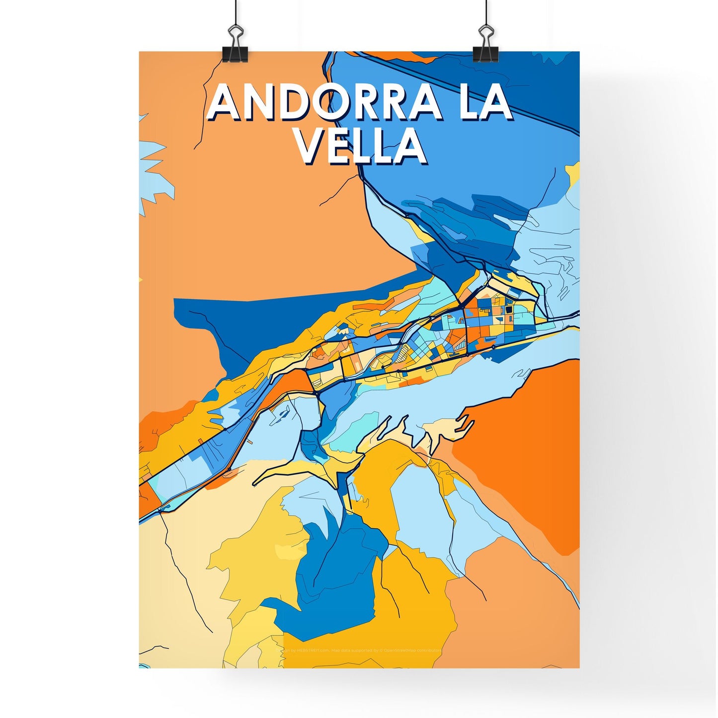 ANDORRA LA VELLA ANDORRA Vibrant Colorful Art Map Poster Blue Orange