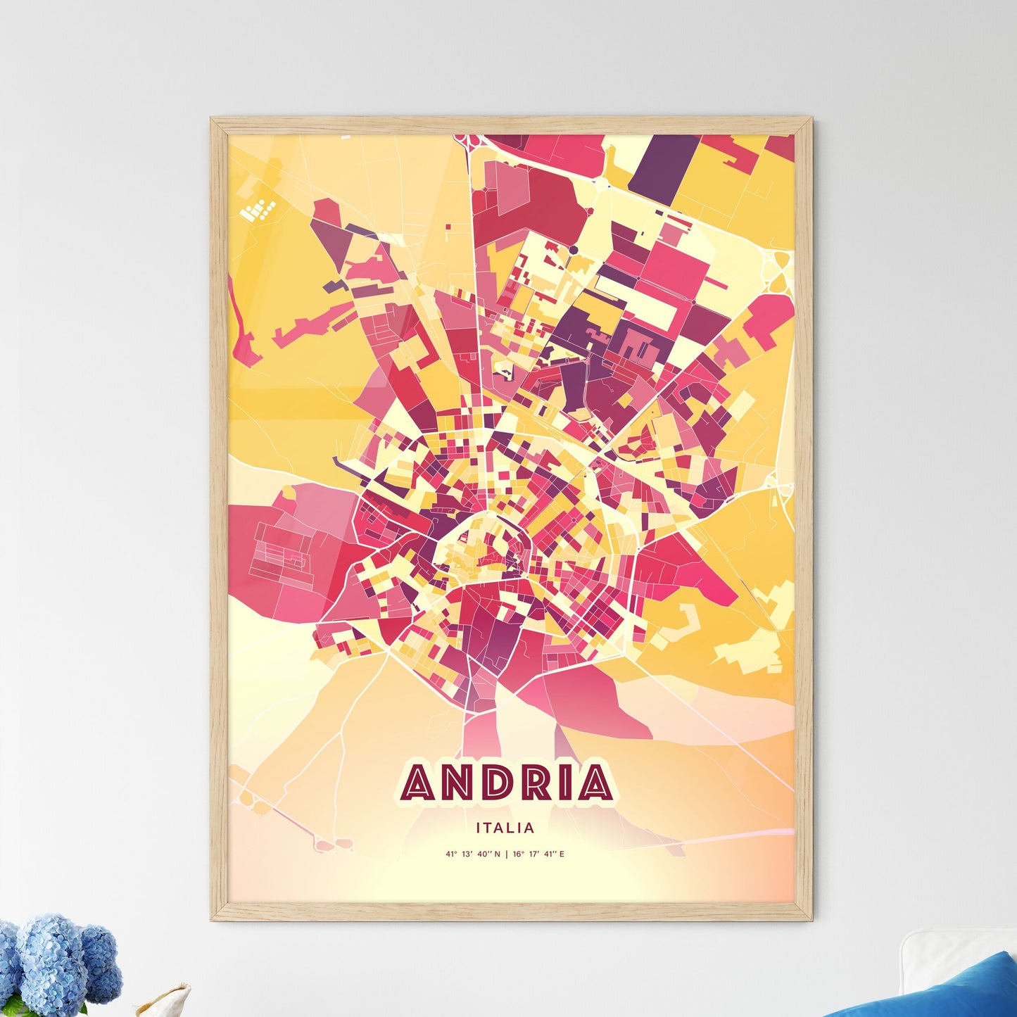 Colorful Andria Italy Fine Art Map Hot Red