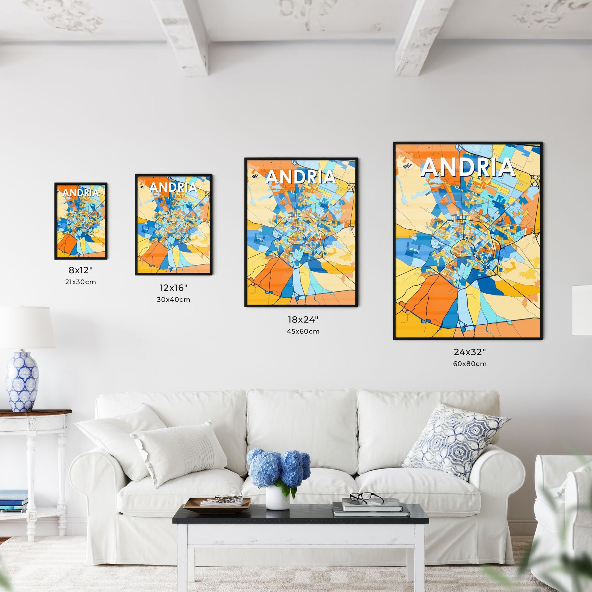 ANDRIA ITALY Vibrant Colorful Art Map Poster Blue Orange