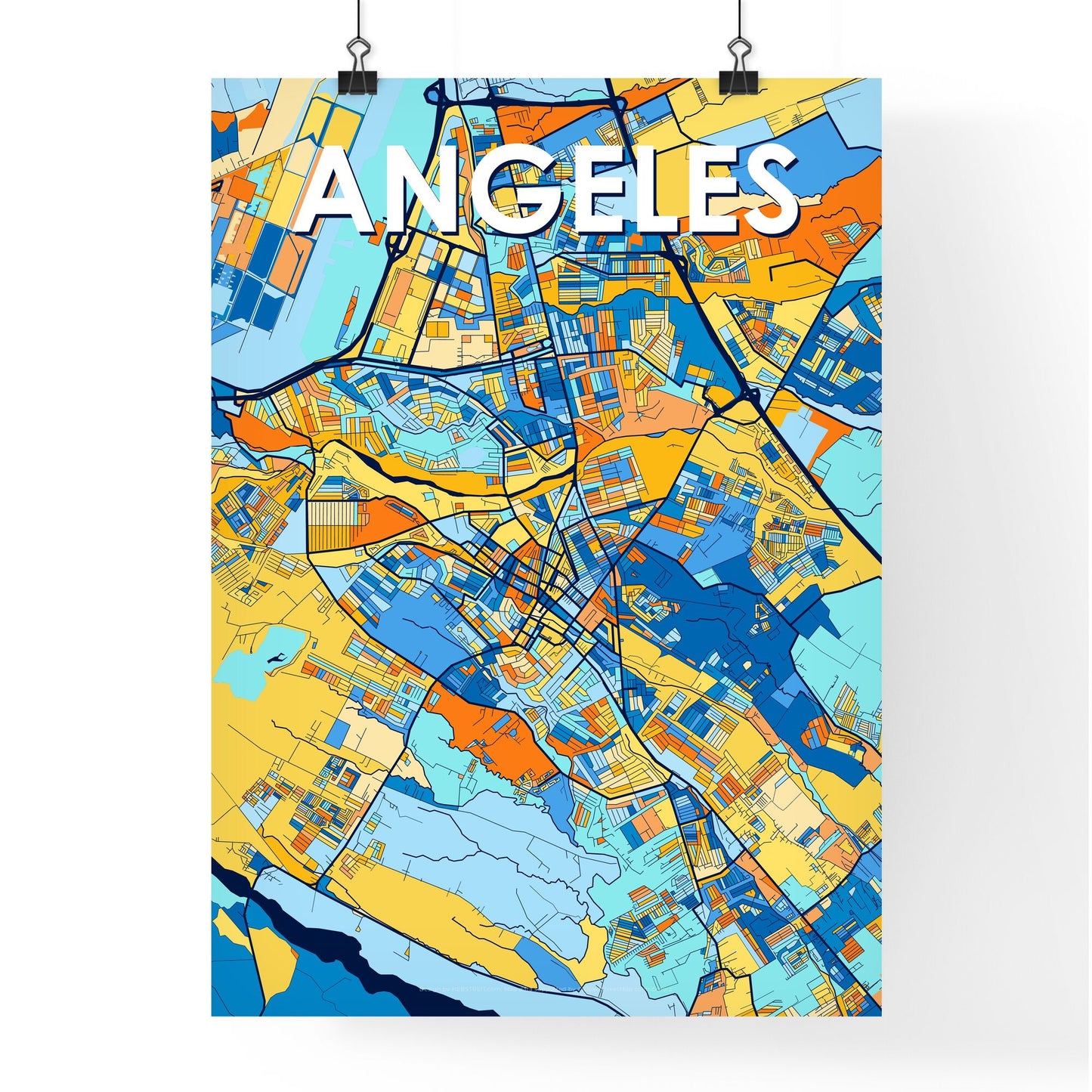 ANGELES PHILIPPINES Vibrant Colorful Art Map Poster Blue Orange