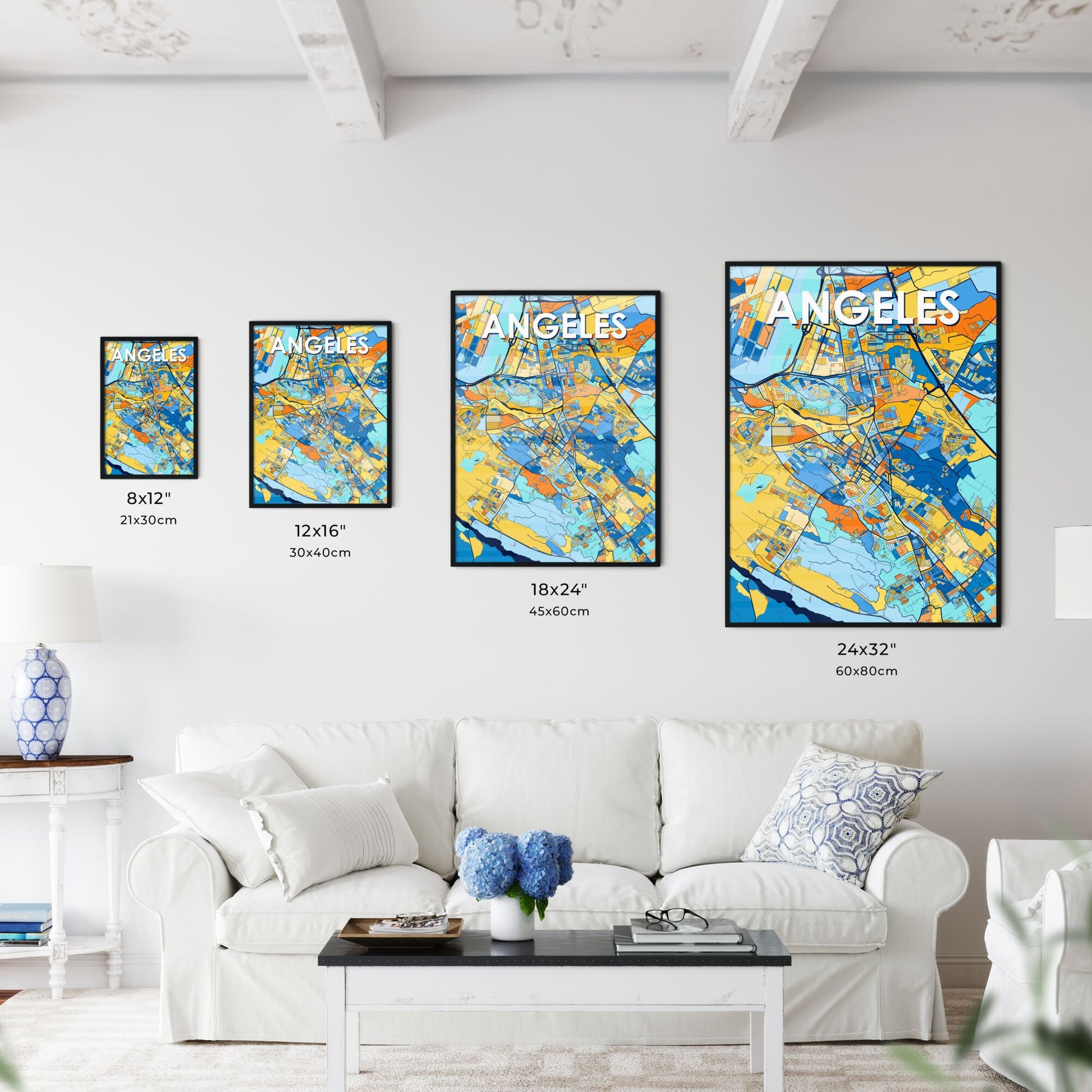 ANGELES PHILIPPINES Vibrant Colorful Art Map Poster Blue Orange