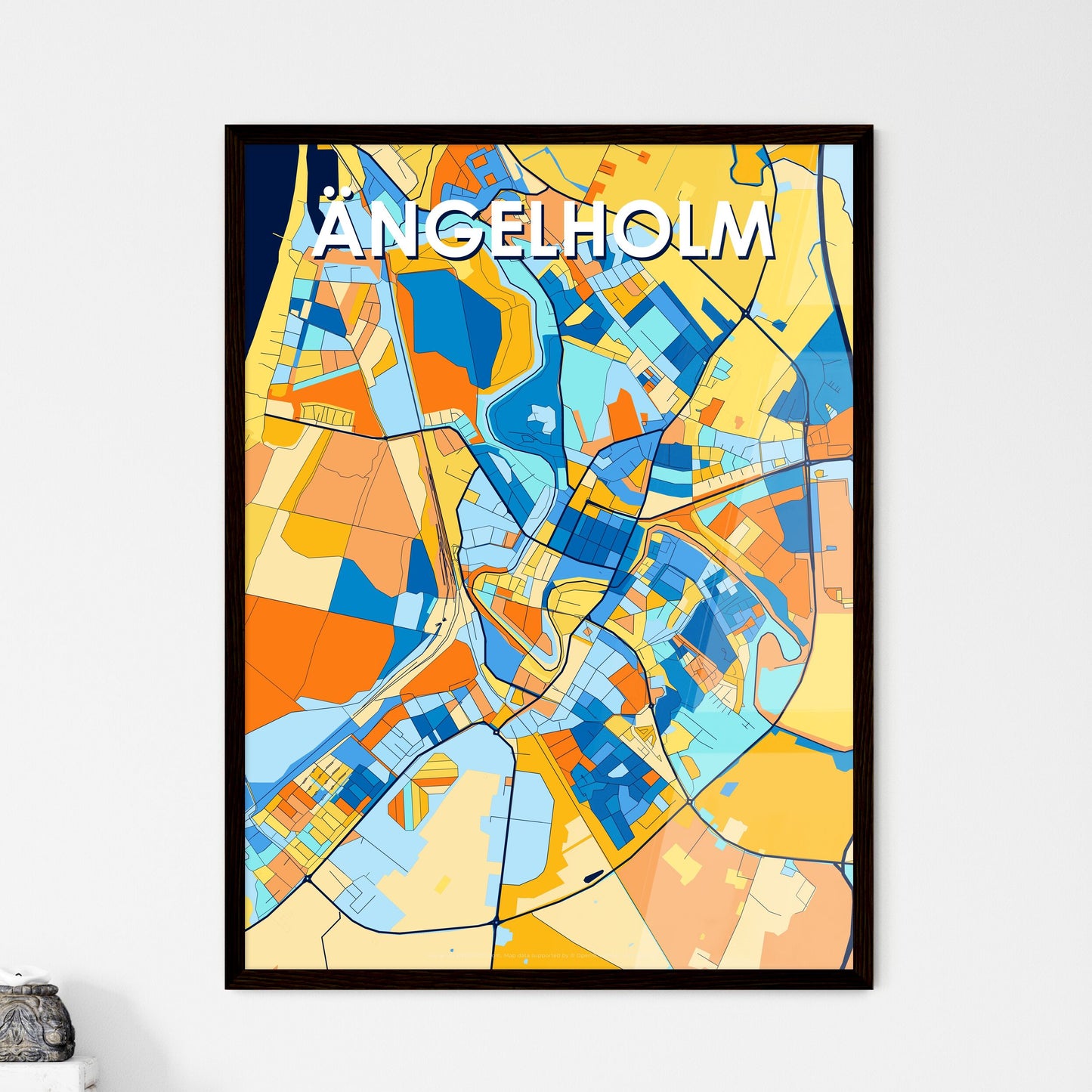 ÄNGELHOLM SWEDEN Vibrant Colorful Art Map Poster Blue Orange