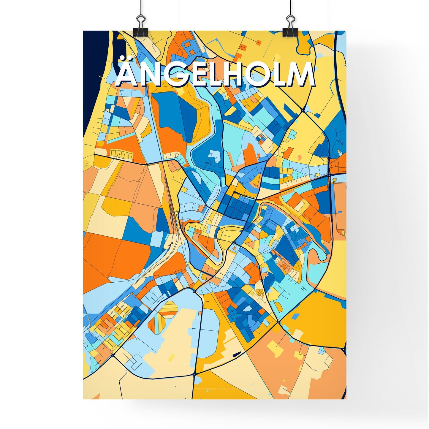 ÄNGELHOLM SWEDEN Vibrant Colorful Art Map Poster Blue Orange