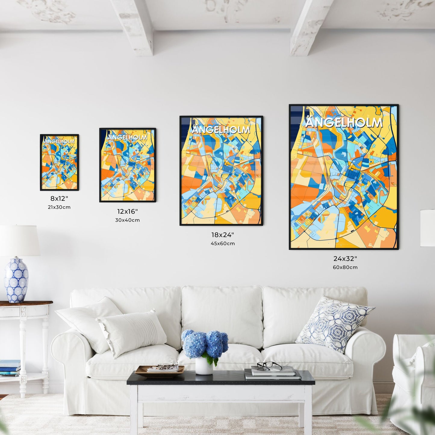 ÄNGELHOLM SWEDEN Vibrant Colorful Art Map Poster Blue Orange