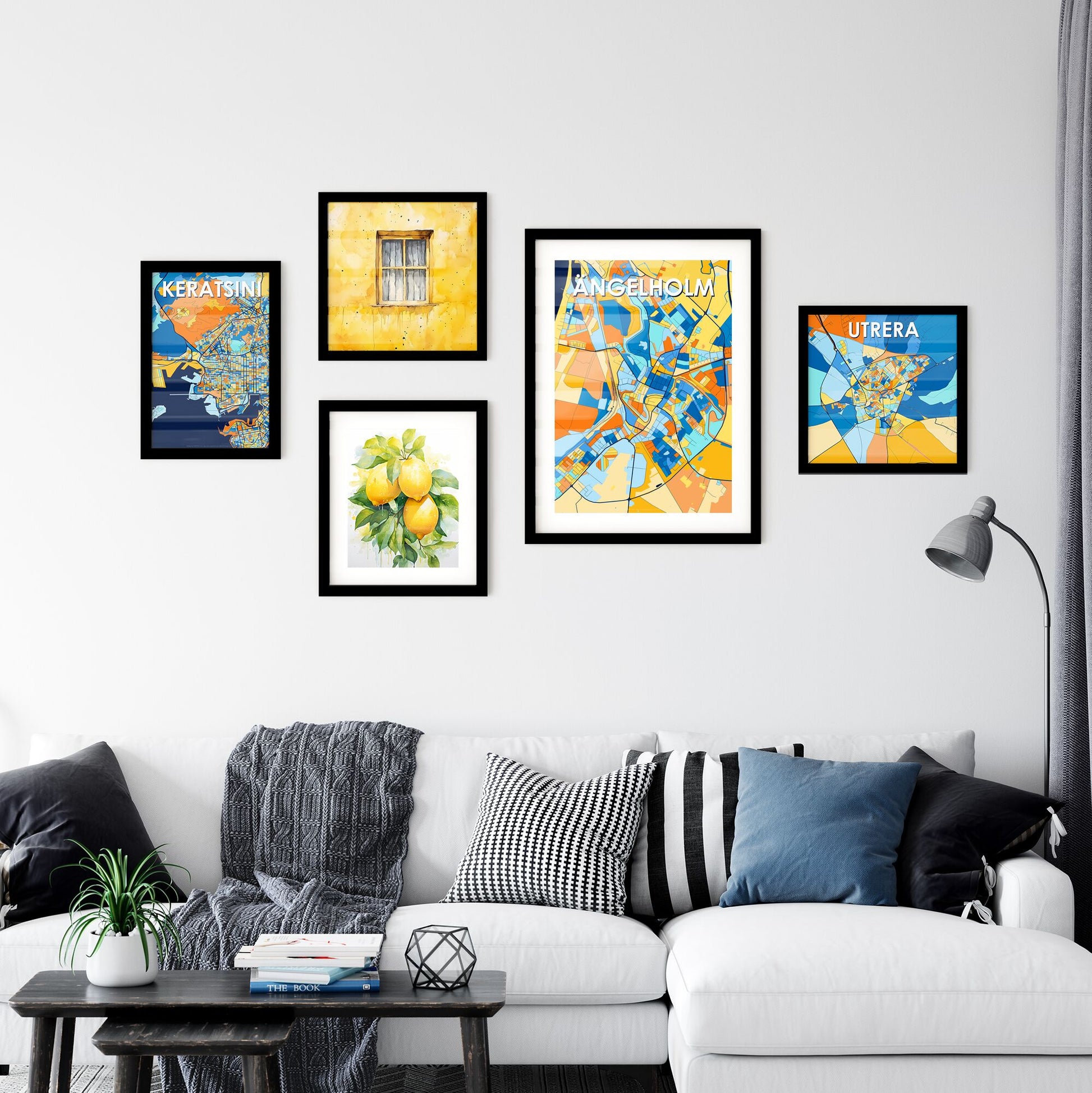 ÄNGELHOLM SWEDEN Vibrant Colorful Art Map Poster Blue Orange