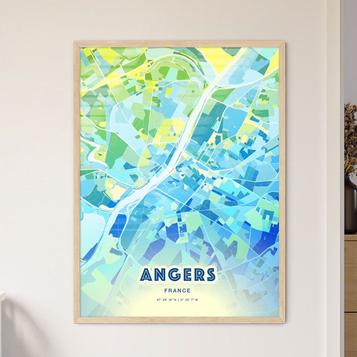 Colorful Angers France Fine Art Map Cool Blue