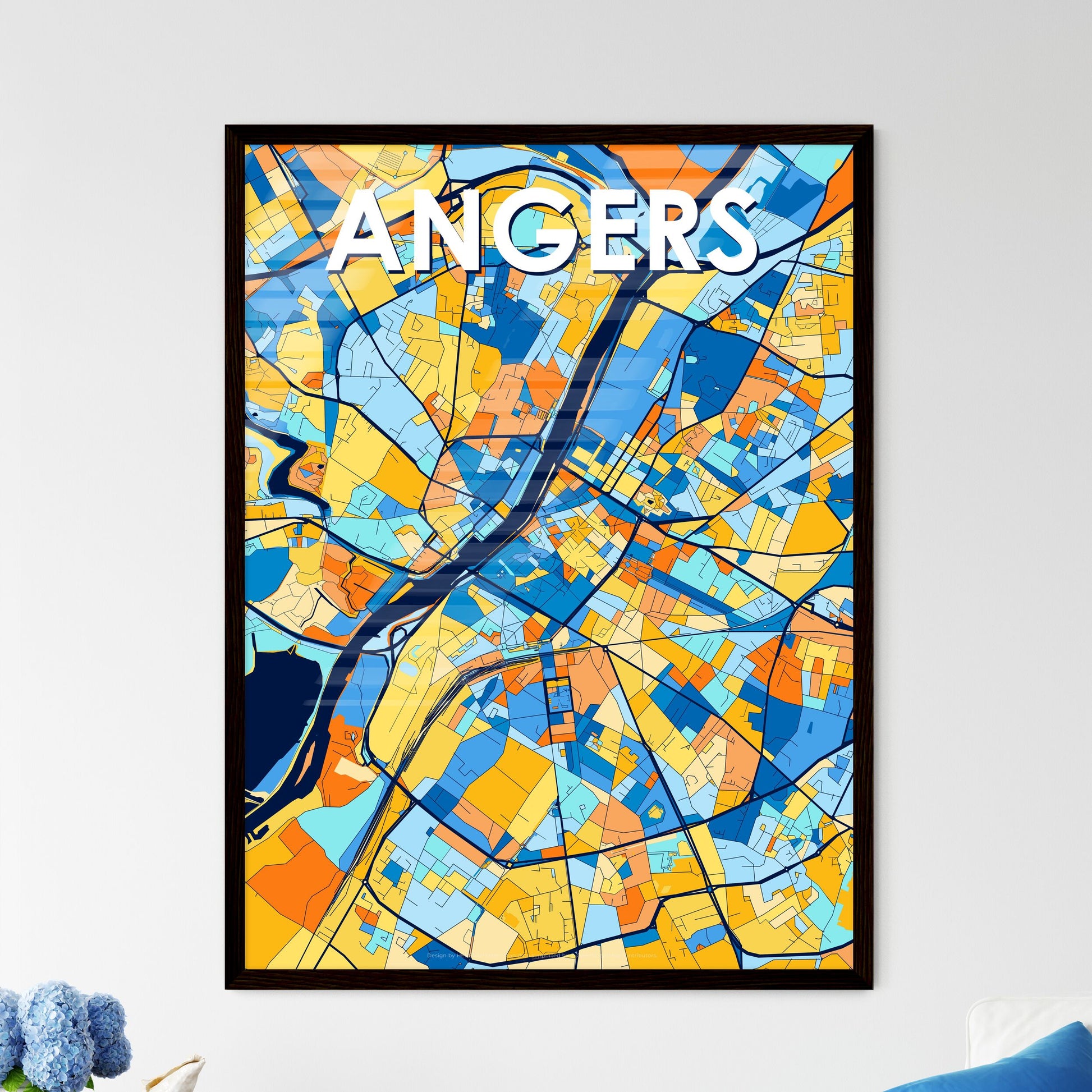 ANGERS FRANCE Vibrant Colorful Art Map Poster Blue Orange