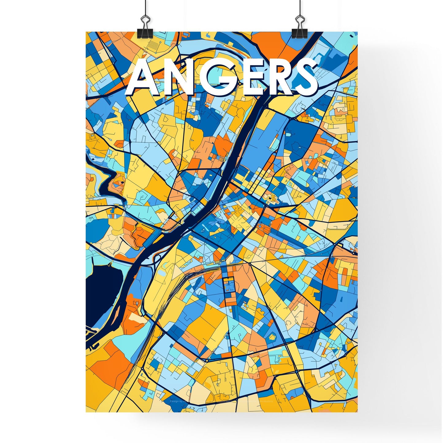 ANGERS FRANCE Vibrant Colorful Art Map Poster Blue Orange