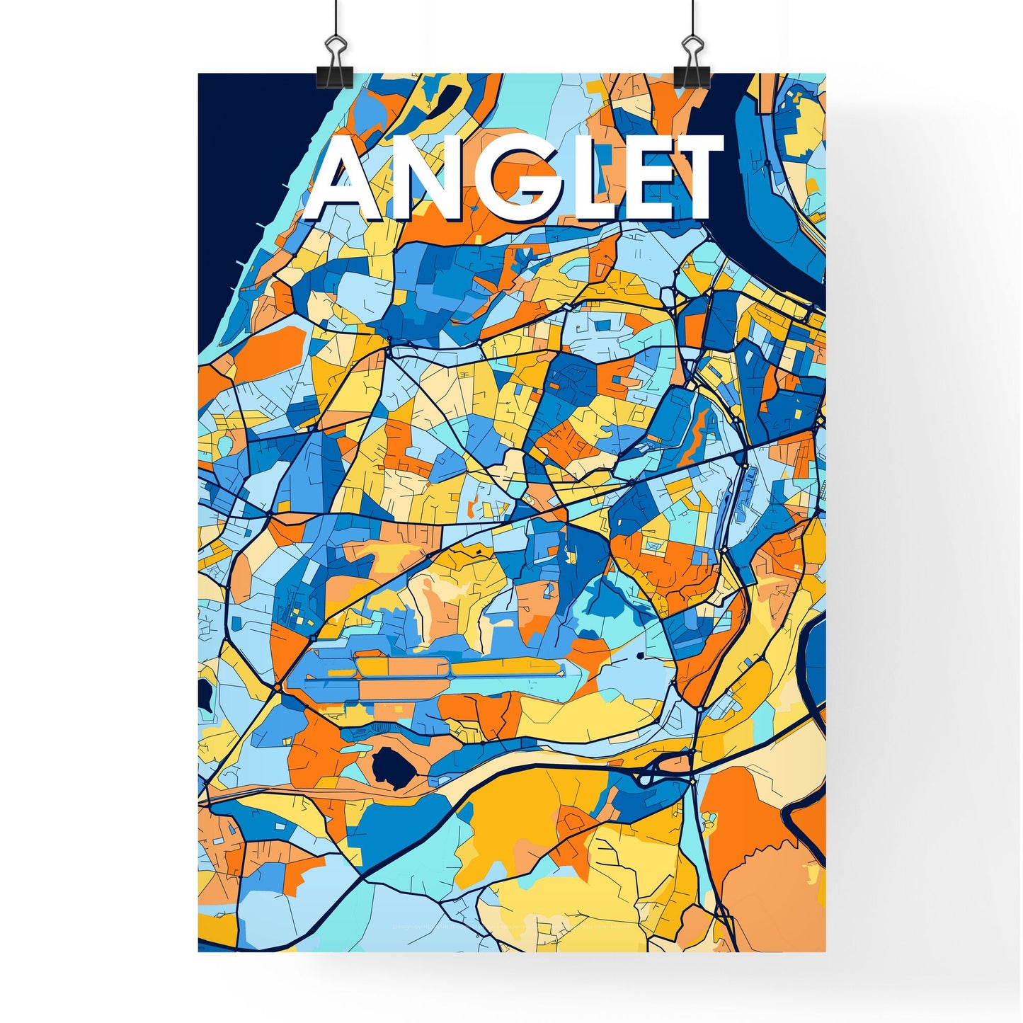 ANGLET FRANCE Vibrant Colorful Art Map Poster Blue Orange