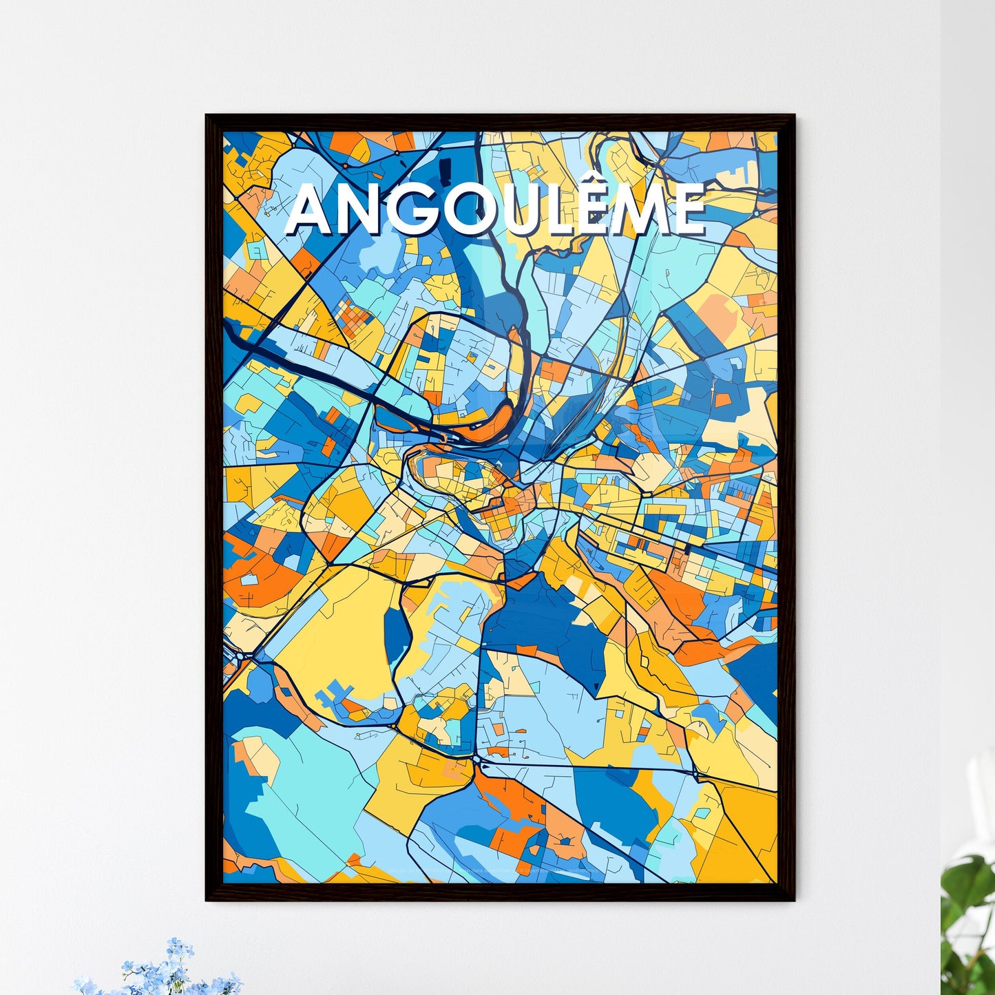 ANGOULÊME FRANCE Vibrant Colorful Art Map Poster Blue Orange