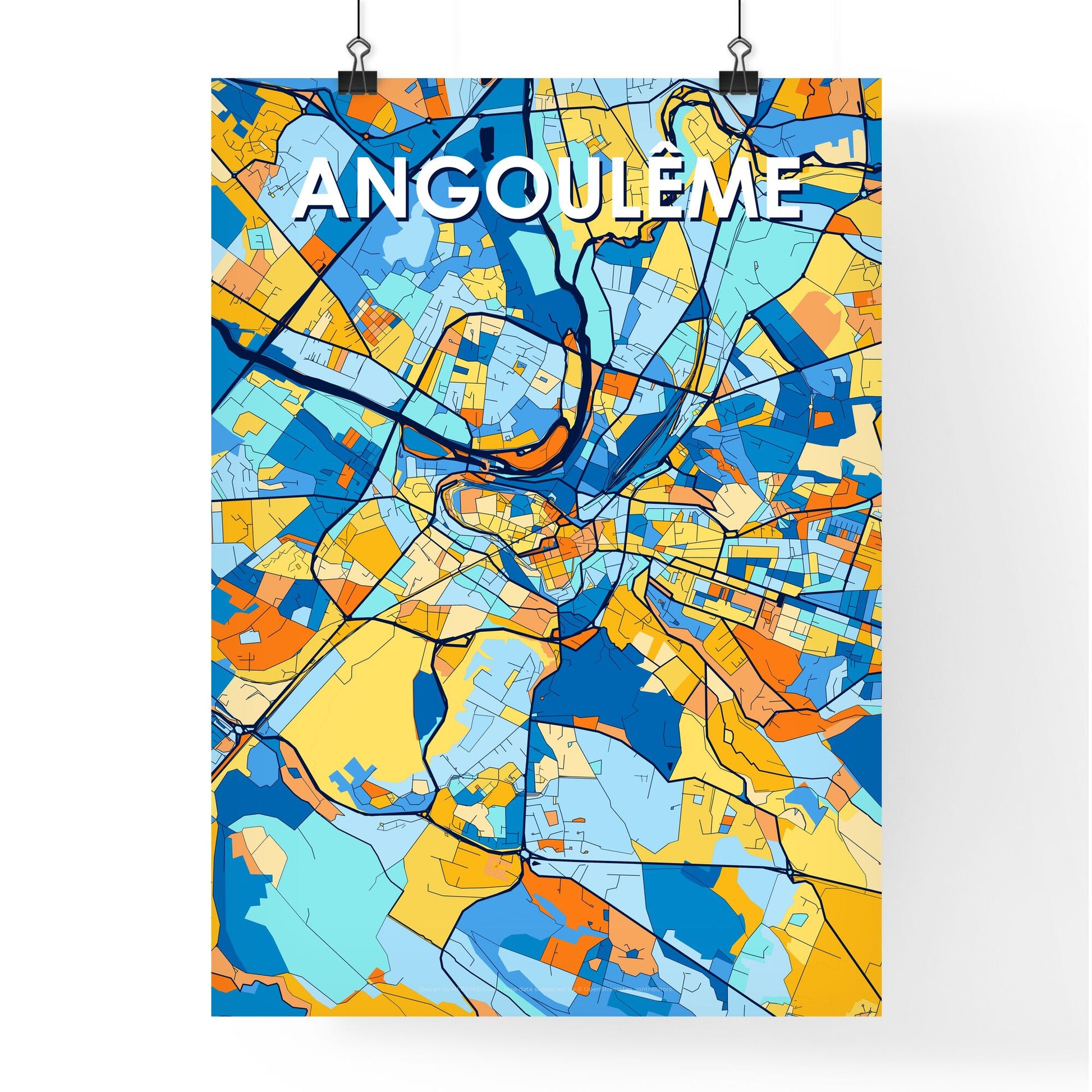 ANGOULÊME FRANCE Vibrant Colorful Art Map Poster Blue Orange