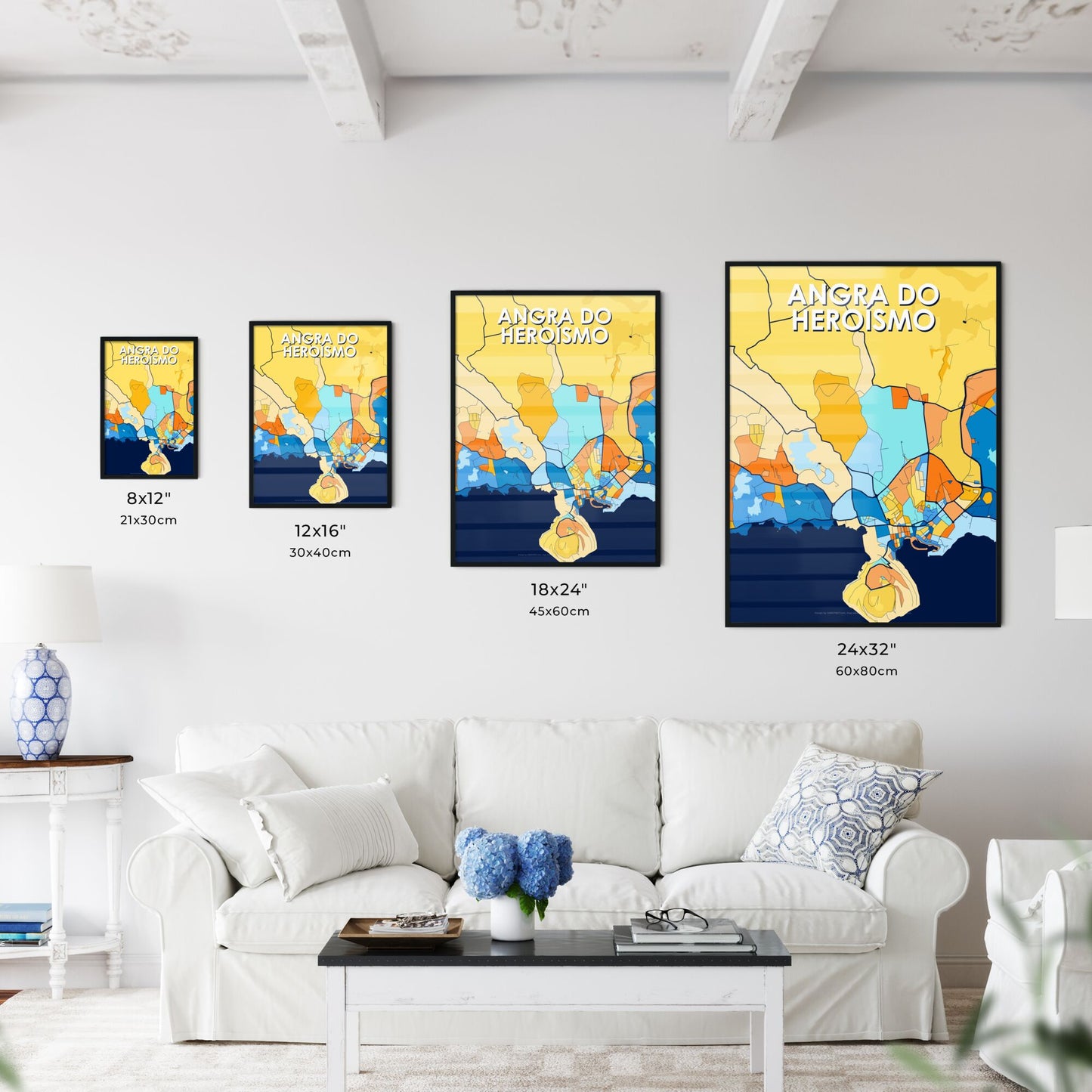 ANGRA DO HEROÍSMO PORTUGAL Vibrant Colorful Art Map Poster Blue Orange