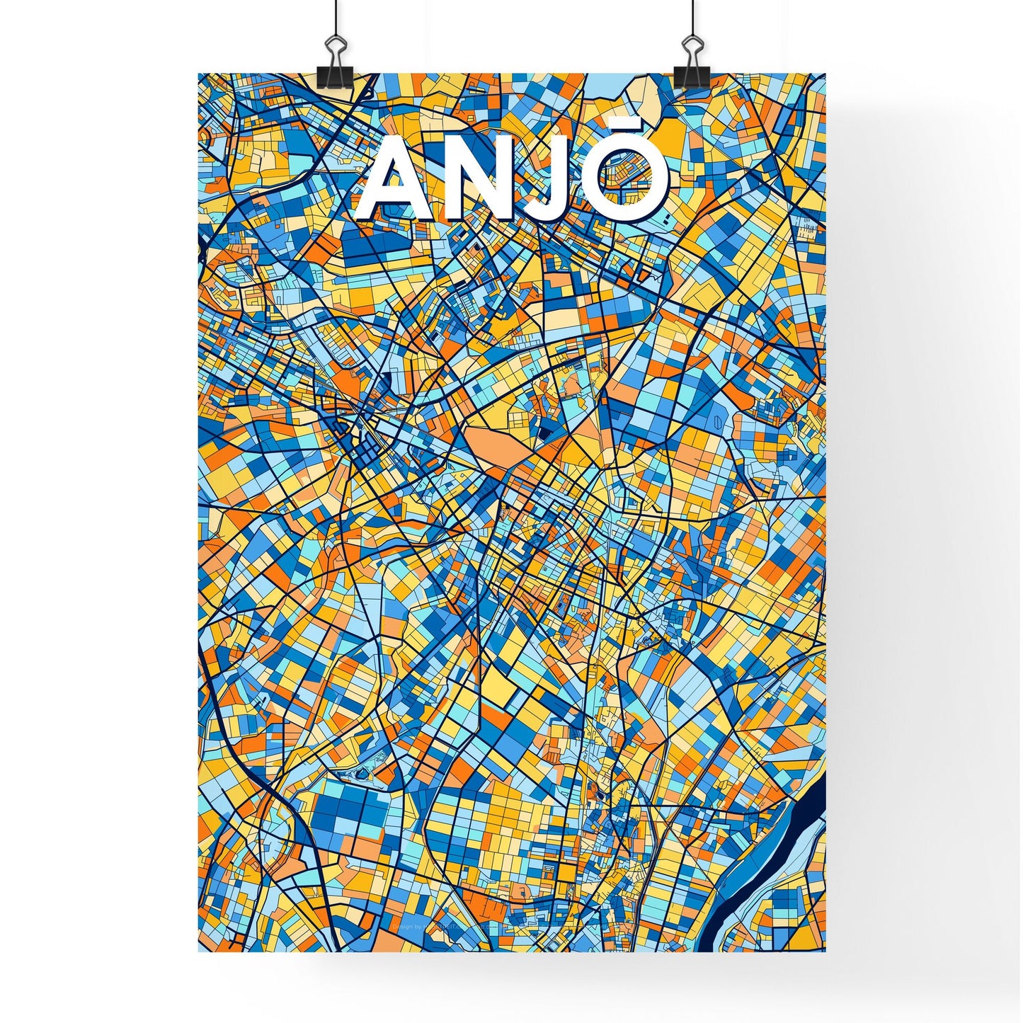 ANJŌ JAPAN Vibrant Colorful Art Map Poster Blue Orange