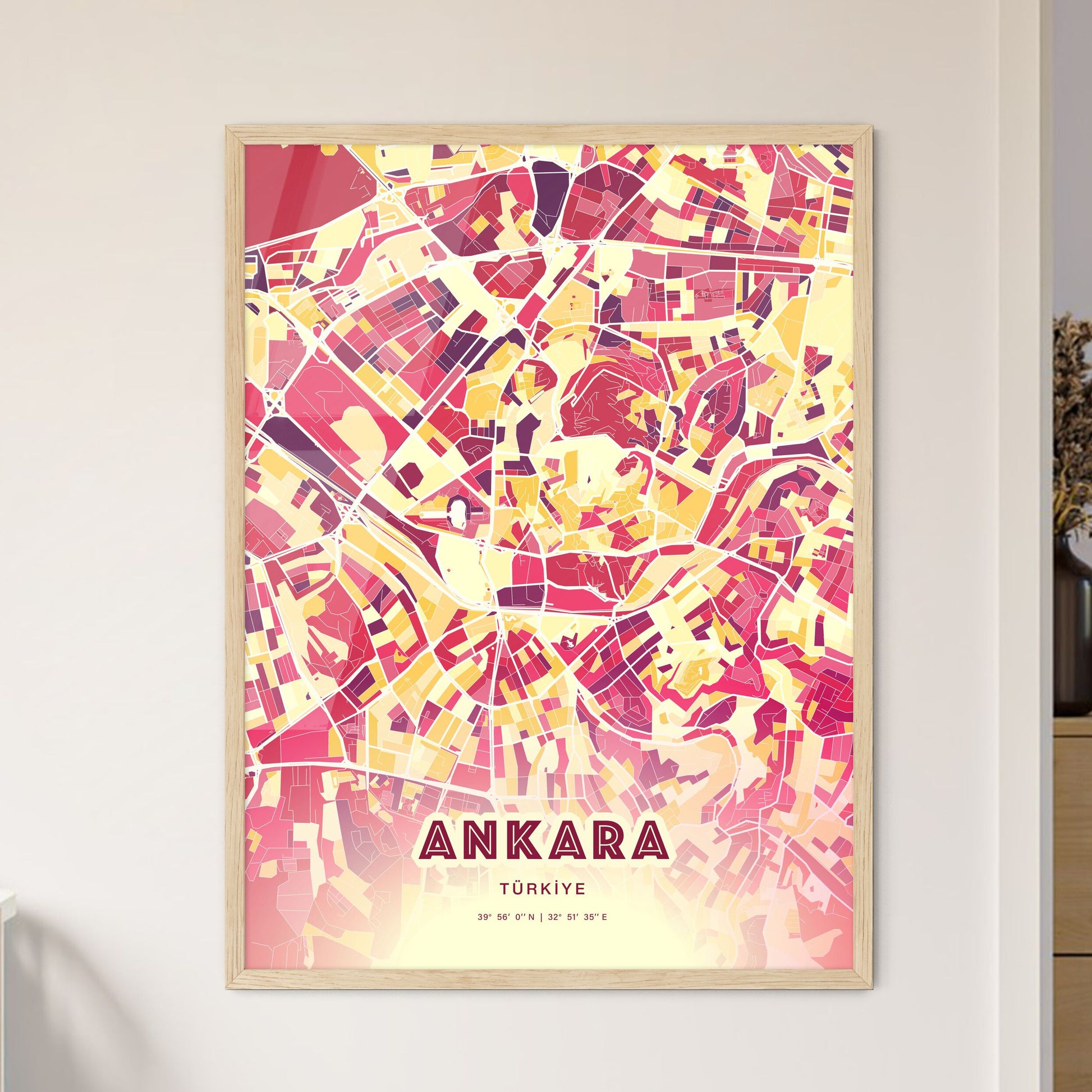 Colorful Ankara Turkey Fine Art Map Hot Red