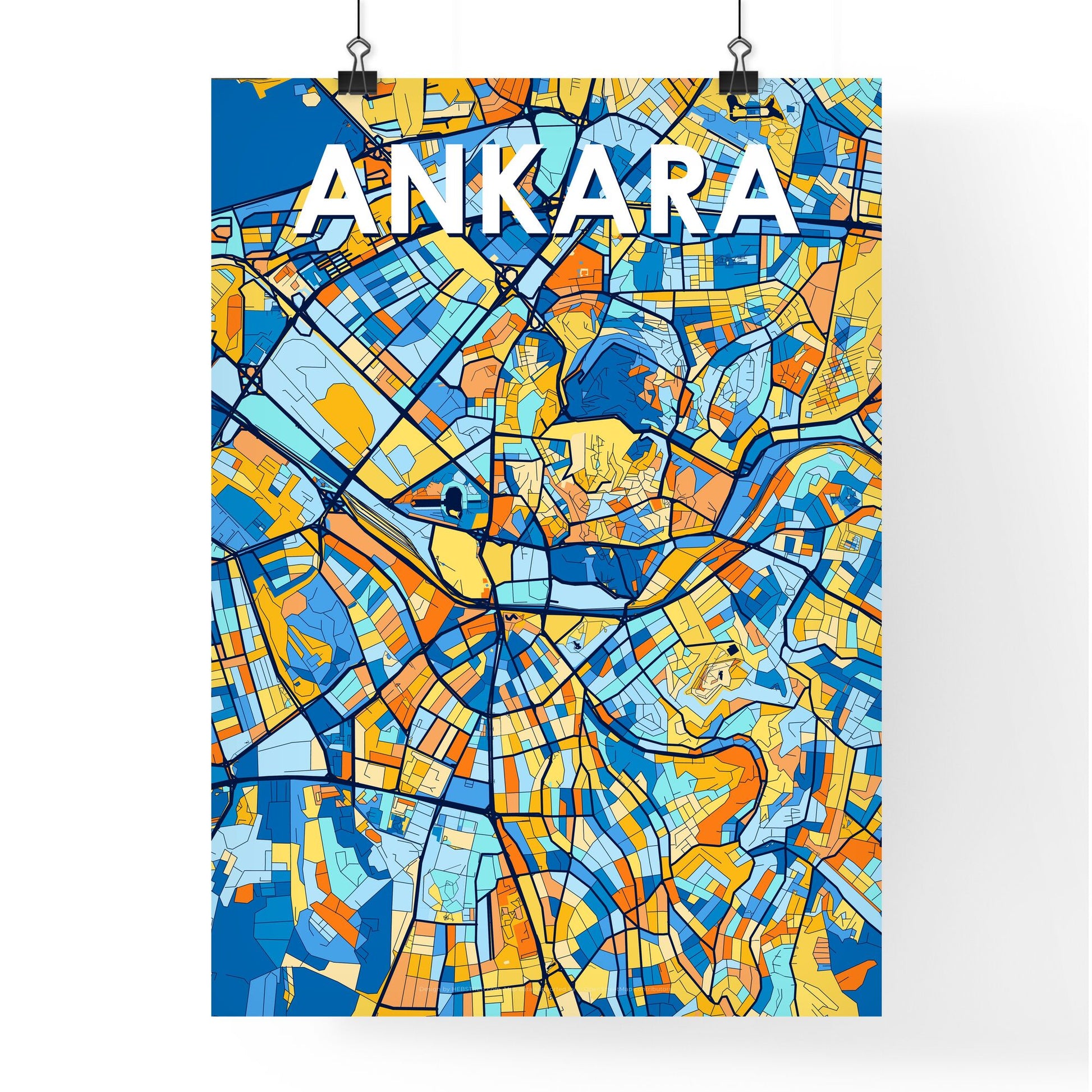 ANKARA TURKEY Vibrant Colorful Art Map Poster Blue Orange