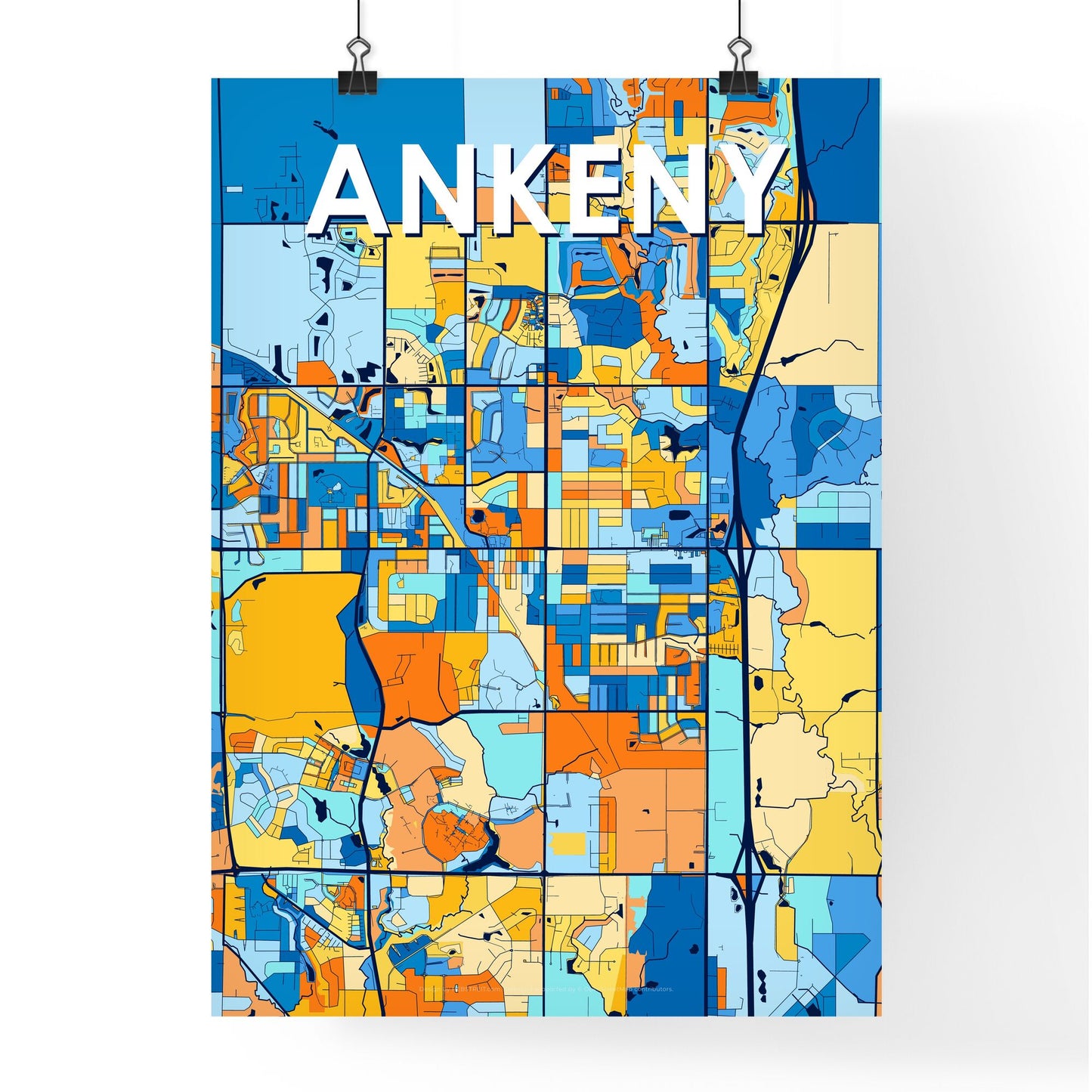 ANKENY IOWA Vibrant Colorful Art Map Poster Blue Orange