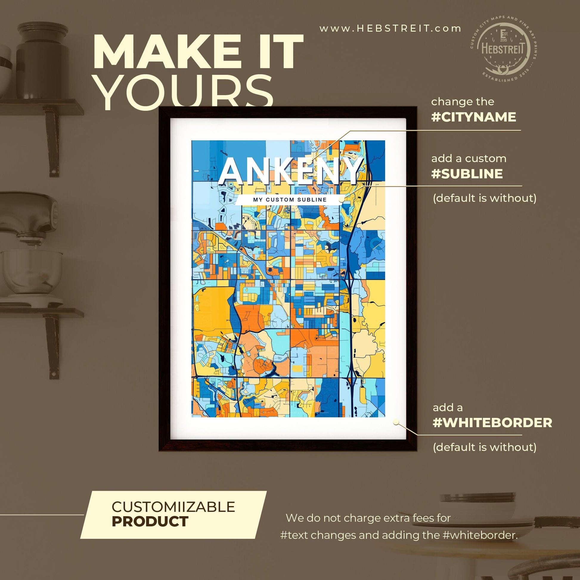 ANKENY IOWA Vibrant Colorful Art Map Poster Blue Orange