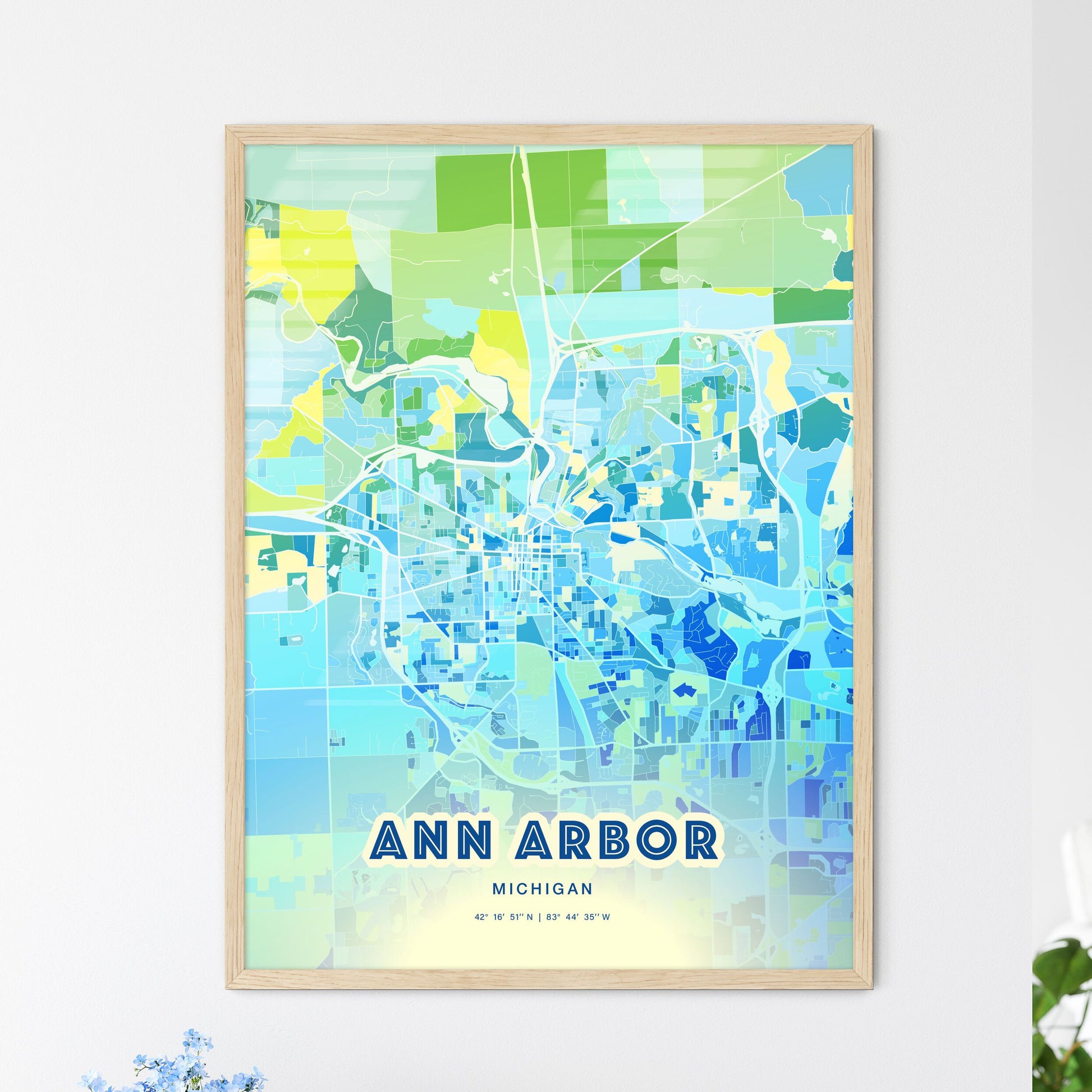 Colorful Ann Arbor Michigan Fine Art Map Cool Blue