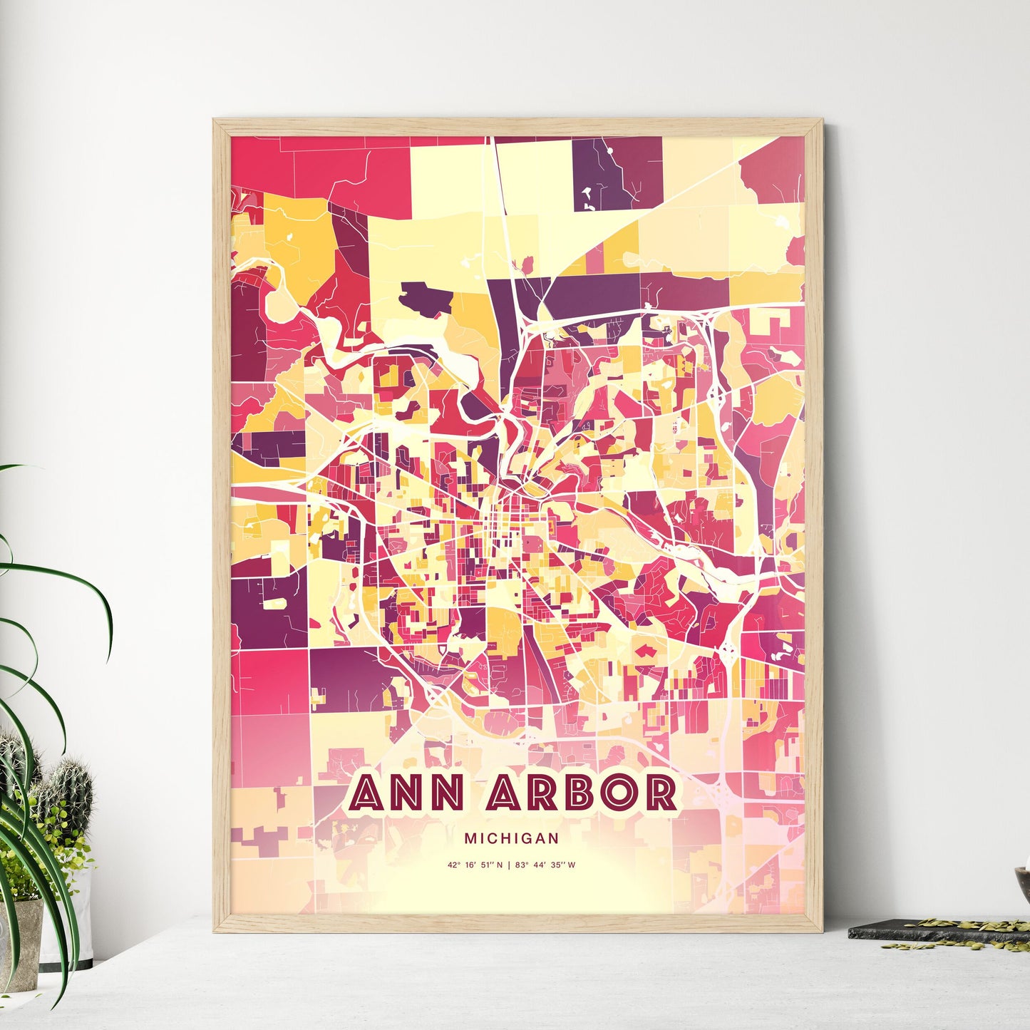 Colorful Ann Arbor Michigan Fine Art Map Hot Red