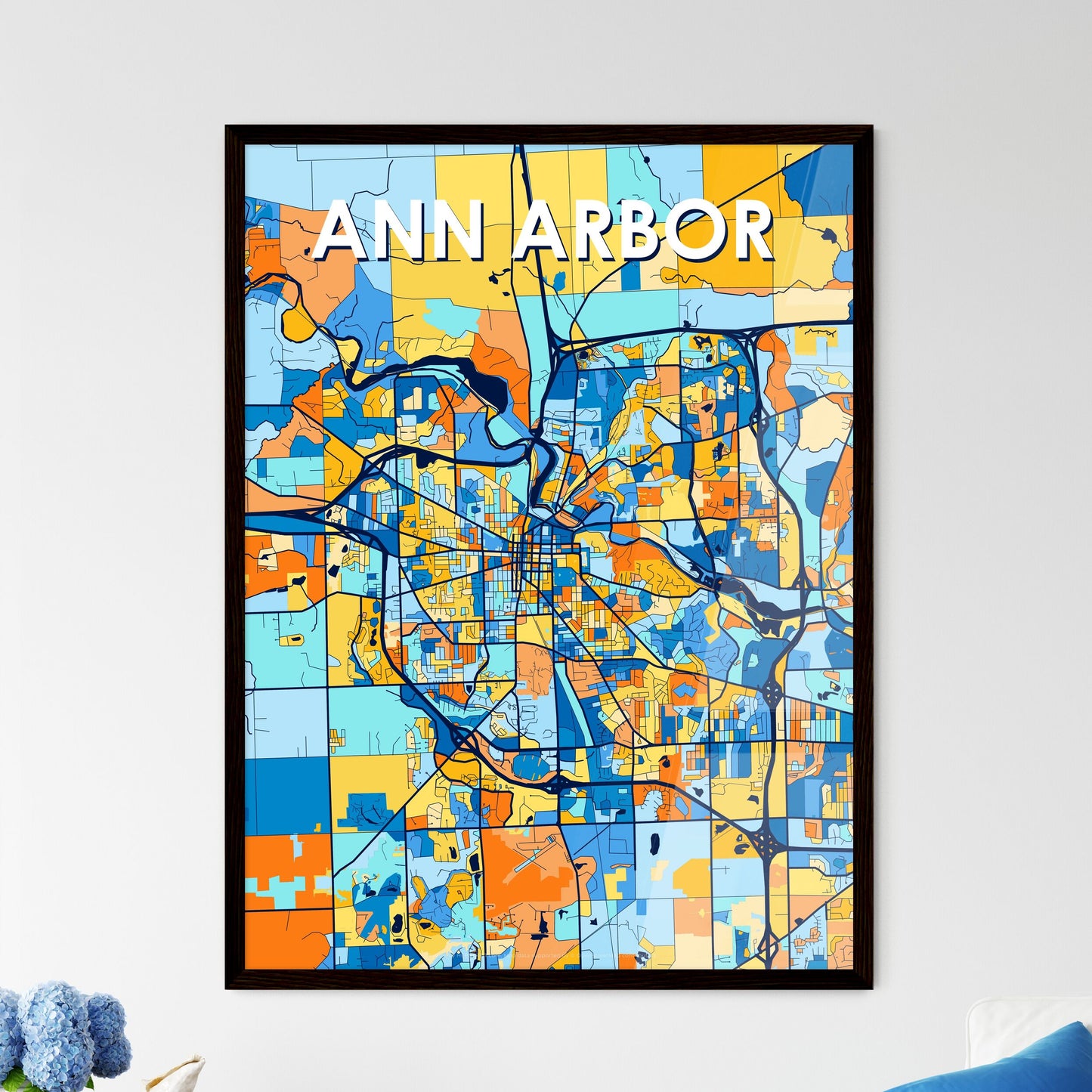 ANN ARBOR MICHIGAN Vibrant Colorful Art Map Poster Blue Orange