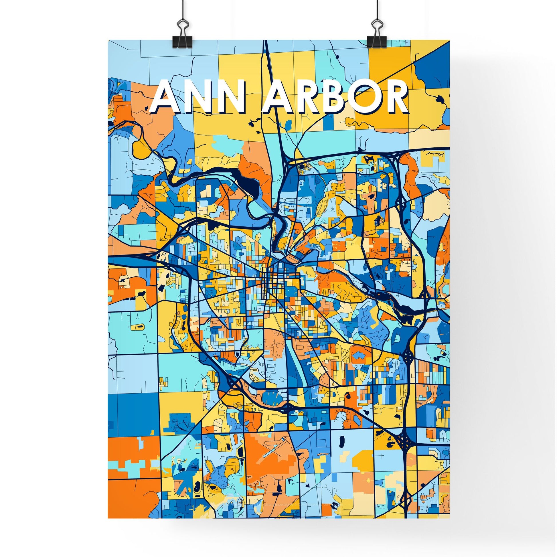 ANN ARBOR MICHIGAN Vibrant Colorful Art Map Poster Blue Orange