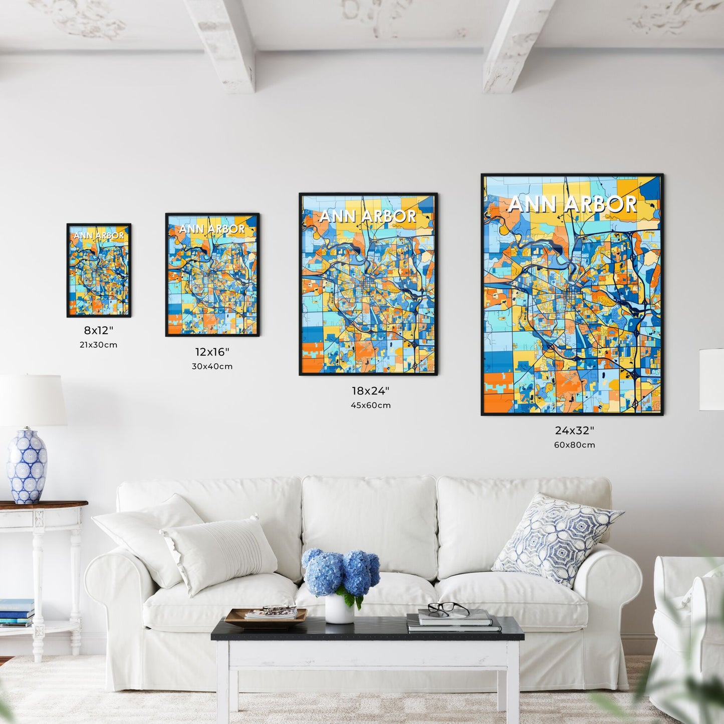 ANN ARBOR MICHIGAN Vibrant Colorful Art Map Poster Blue Orange