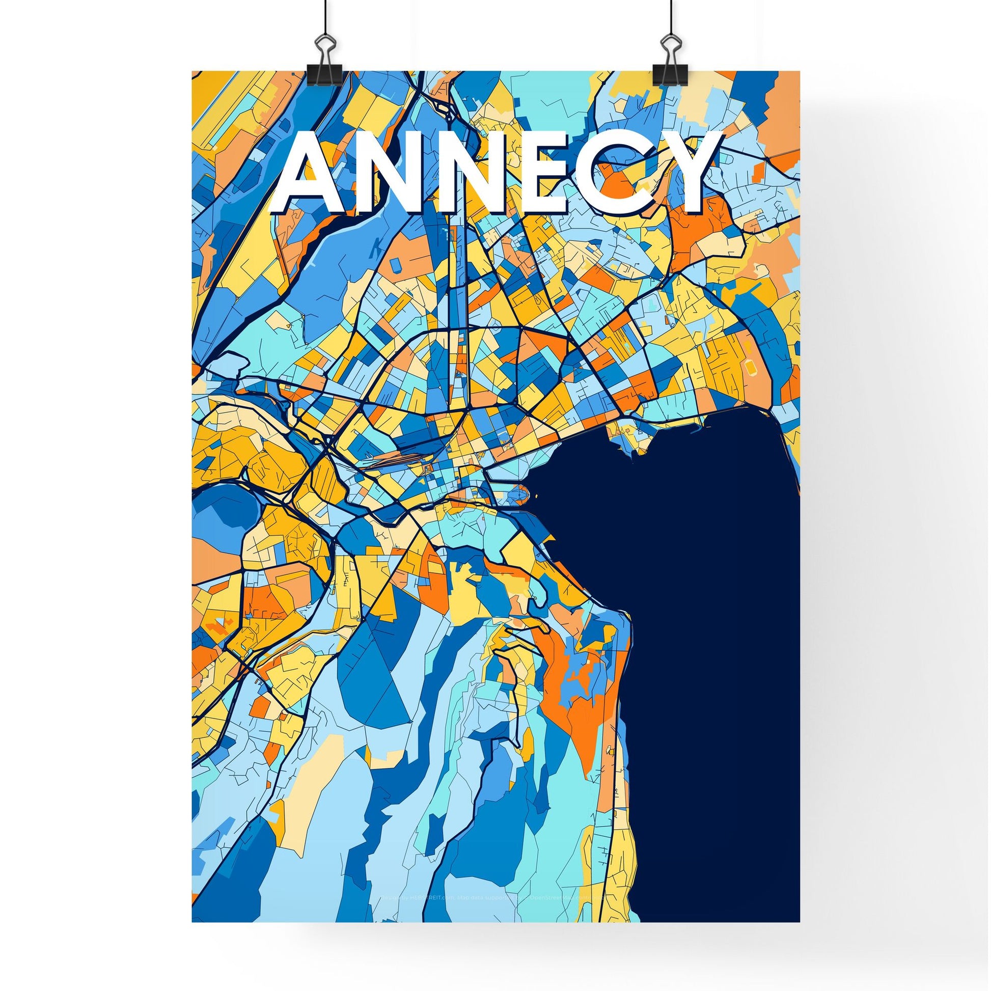 ANNECY FRANCE Vibrant Colorful Art Map Poster Blue Orange