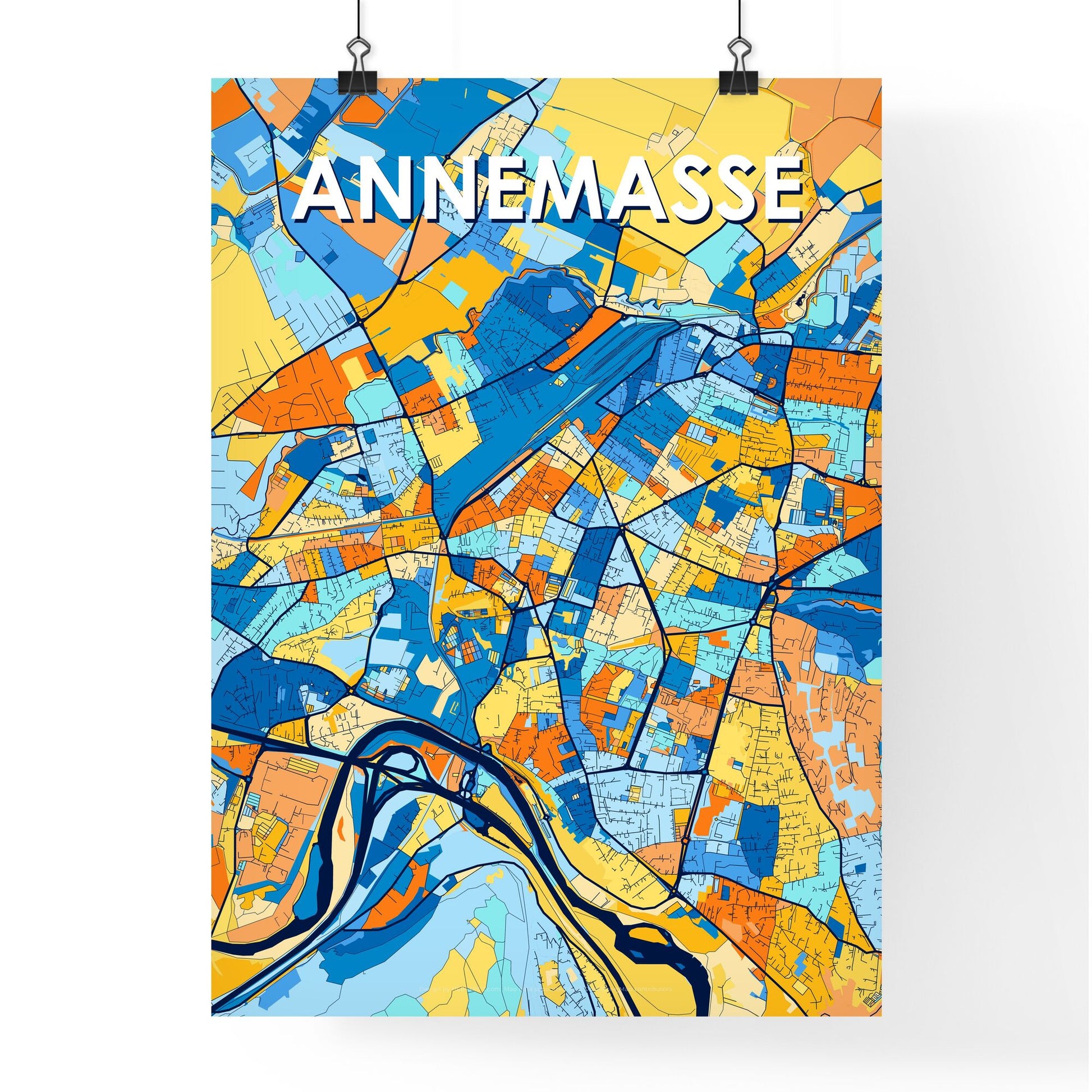 ANNEMASSE FRANCE Vibrant Colorful Art Map Poster Blue Orange