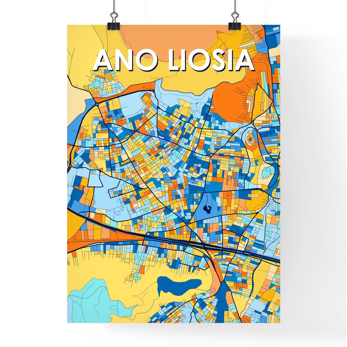 ANO LIOSIA GREECE Vibrant Colorful Art Map Poster Blue Orange