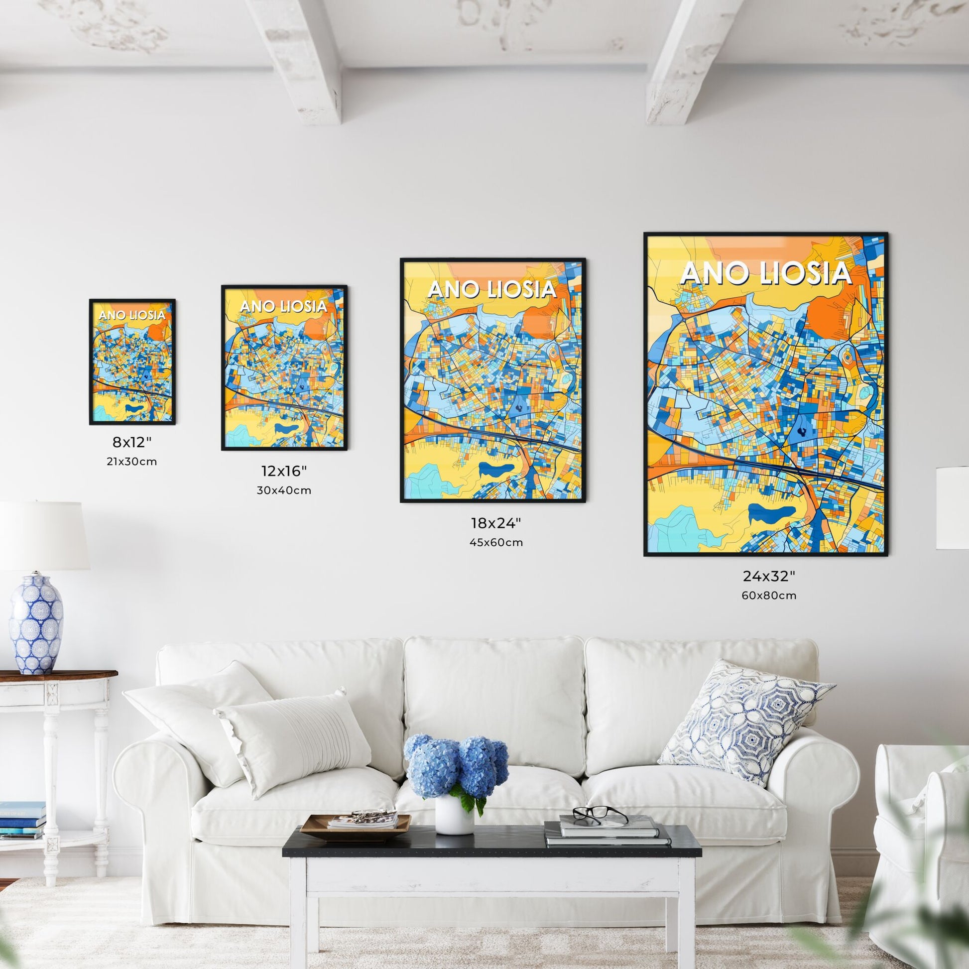 ANO LIOSIA GREECE Vibrant Colorful Art Map Poster Blue Orange