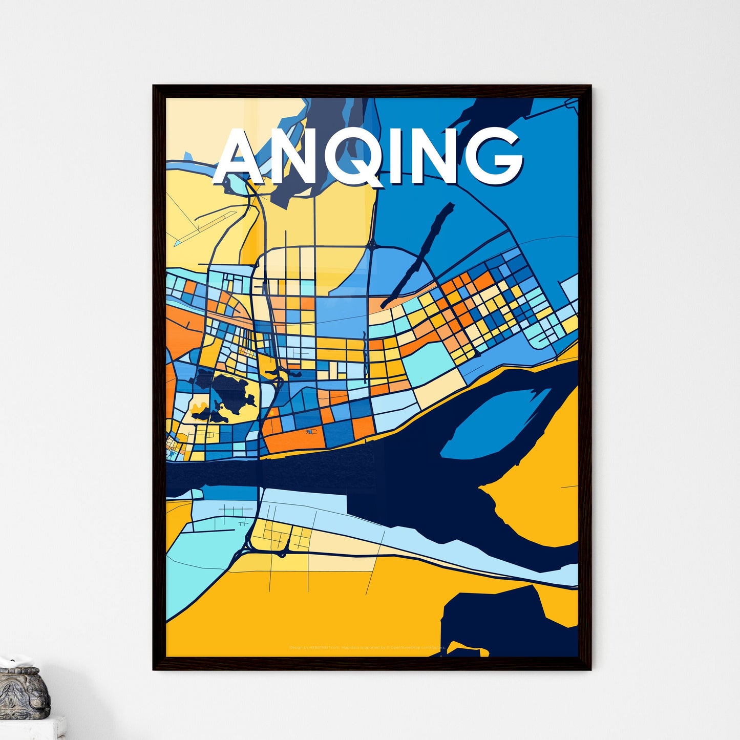 ANQING CHINA Vibrant Colorful Art Map Poster Blue Orange