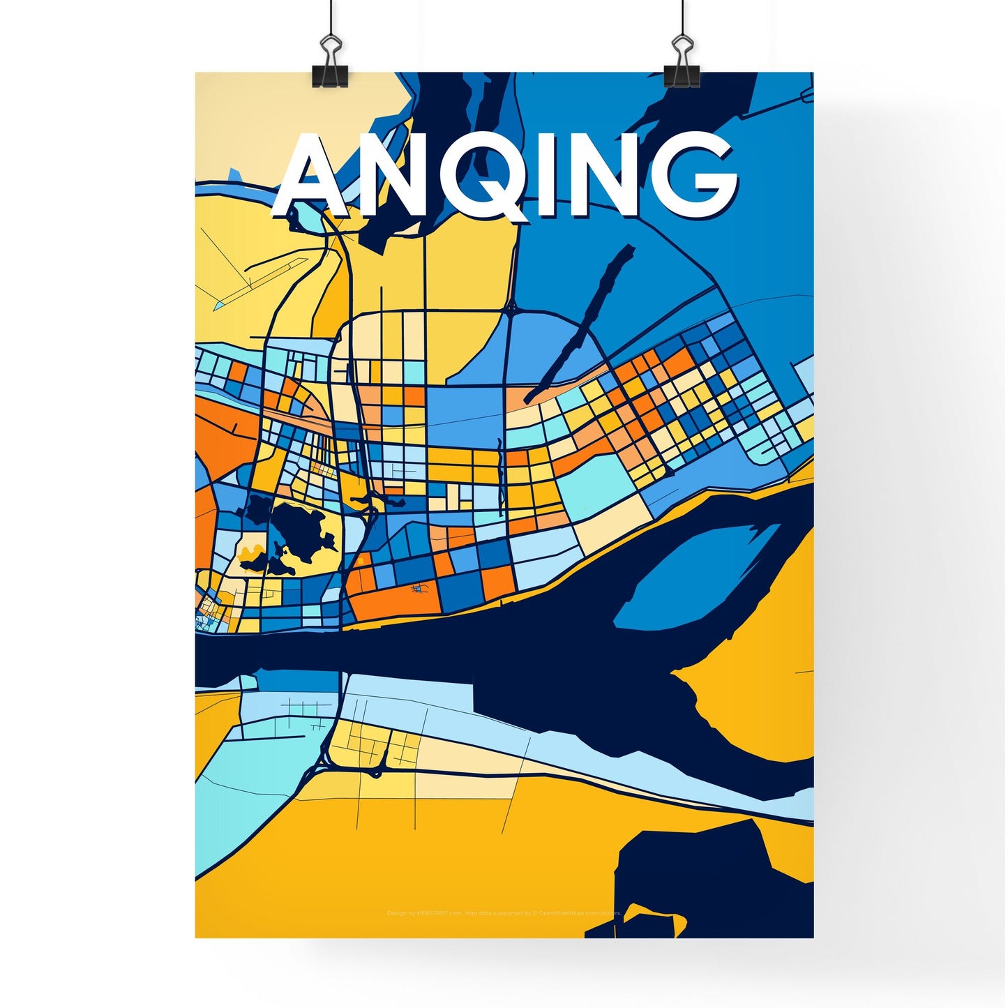 ANQING CHINA Vibrant Colorful Art Map Poster Blue Orange