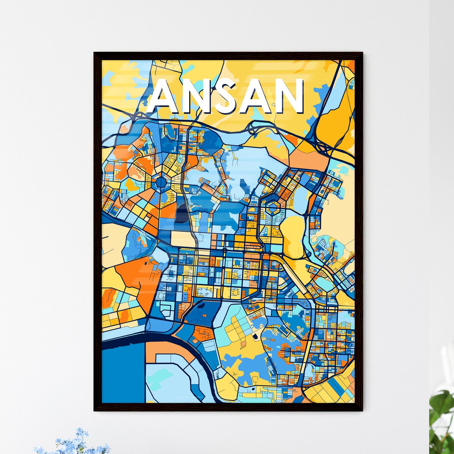 ANSAN SOUTH KOREA Vibrant Colorful Art Map Poster Blue Orange