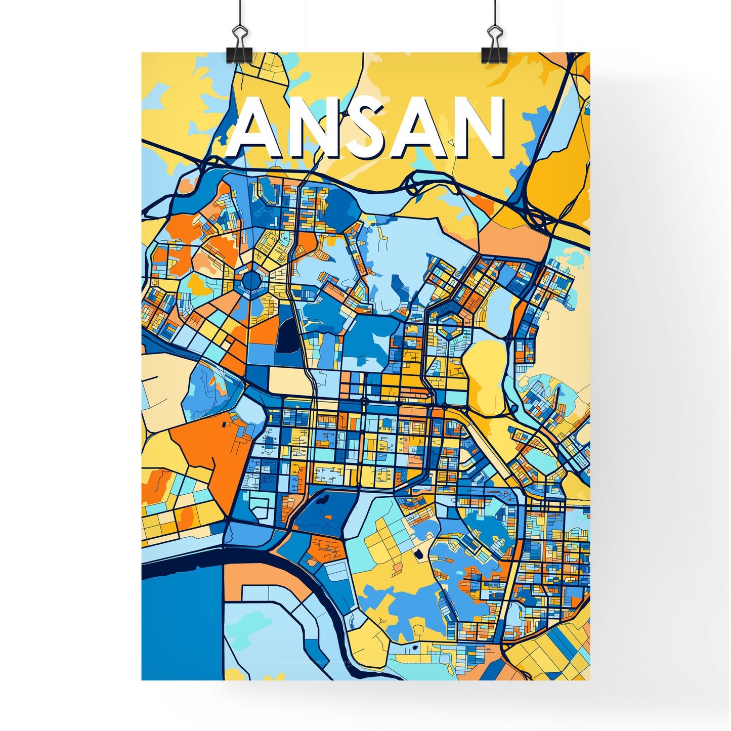 ANSAN SOUTH KOREA Vibrant Colorful Art Map Poster Blue Orange